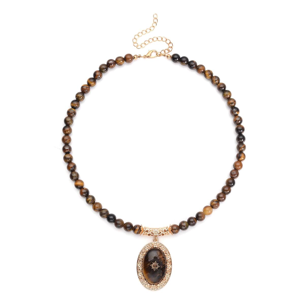 Yellow Tiger's Eye and Brown Austrian Crystal Beaded Necklace 18.5-22.5 Inches in Goldtone 255.00 ctw image number 0