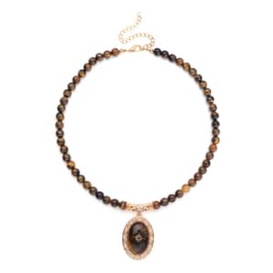 Yellow Tiger's Eye and Brown Austrian Crystal Beaded Necklace 18.5-22.5 Inches in Goldtone 255.00 ctw