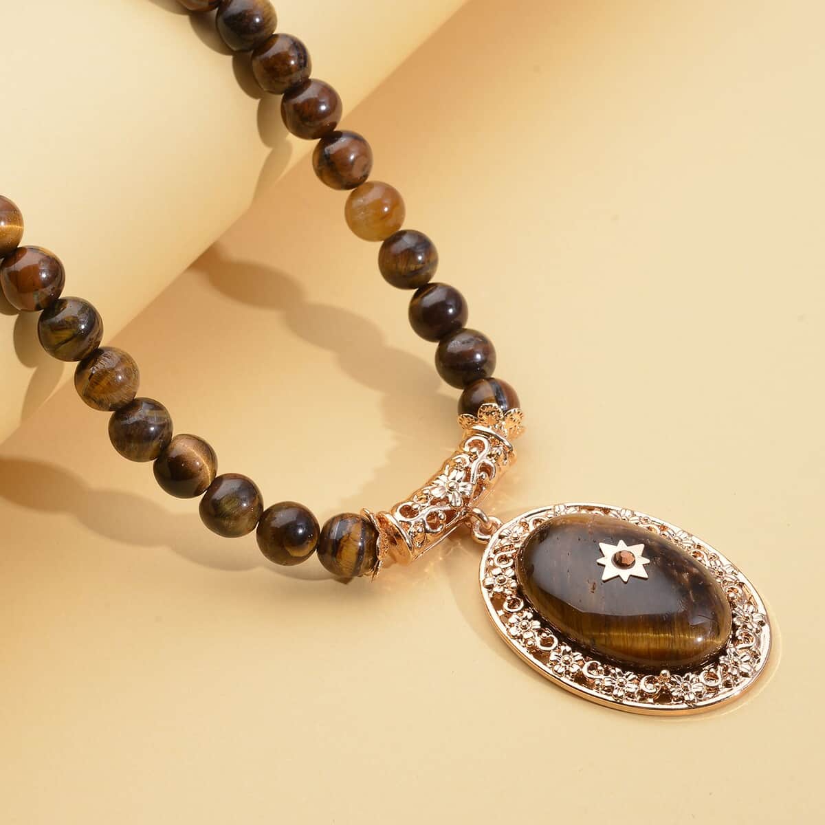 Yellow Tiger's Eye and Brown Austrian Crystal Beaded Necklace 18.5-22.5 Inches in Goldtone 255.00 ctw image number 1