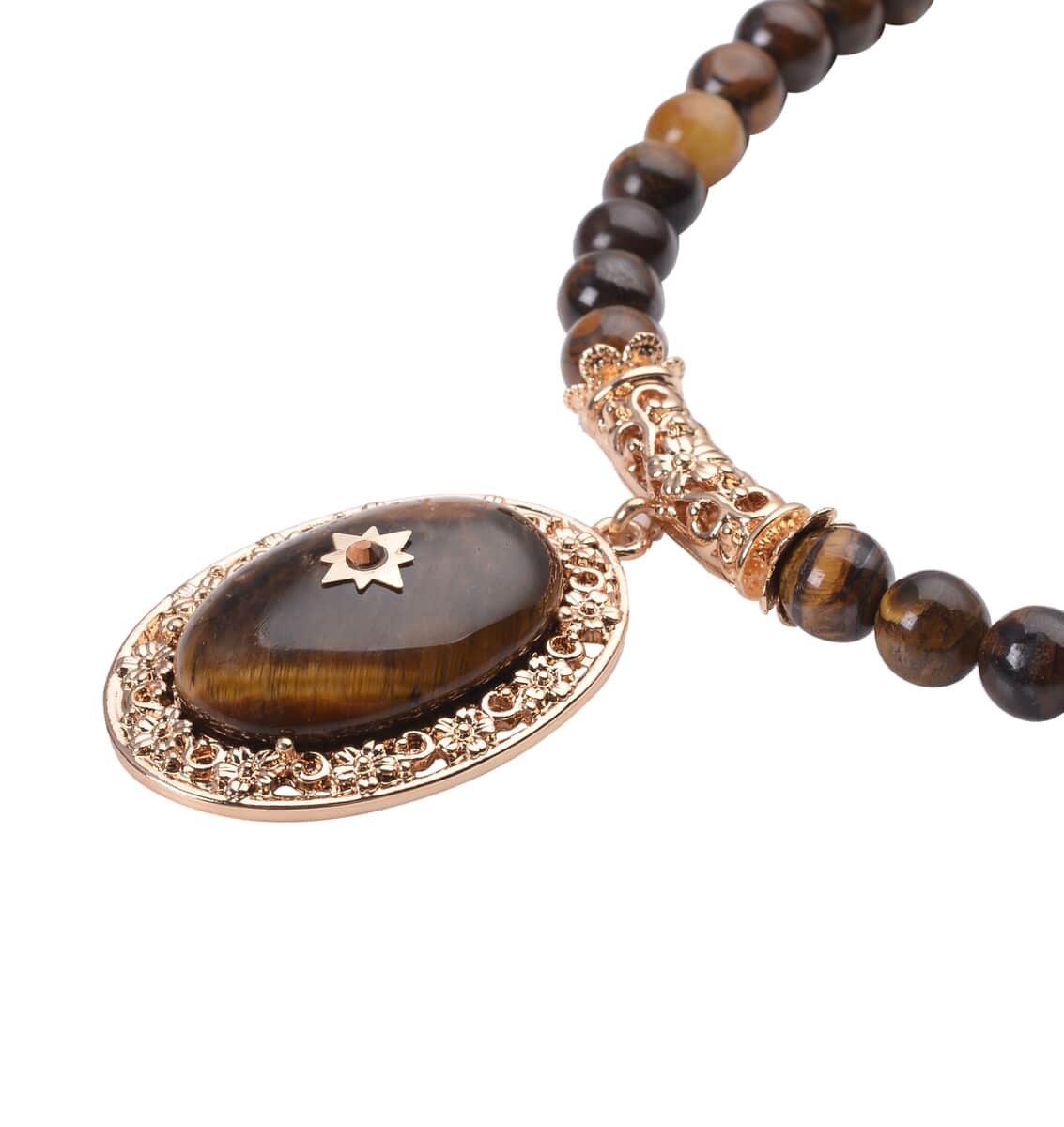 Yellow Tiger's Eye and Brown Austrian Crystal Beaded Necklace 18.5-22.5 Inches in Goldtone 255.00 ctw image number 2