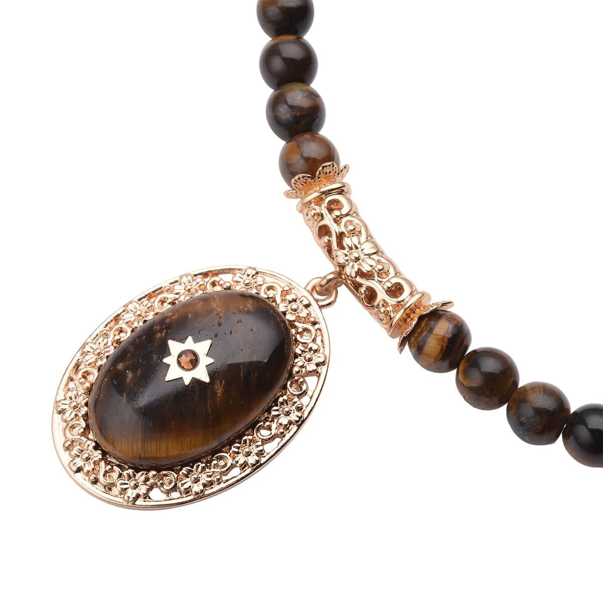 Yellow Tiger's Eye and Brown Austrian Crystal Beaded Necklace 18.5-22.5 Inches in Goldtone 255.00 ctw image number 3