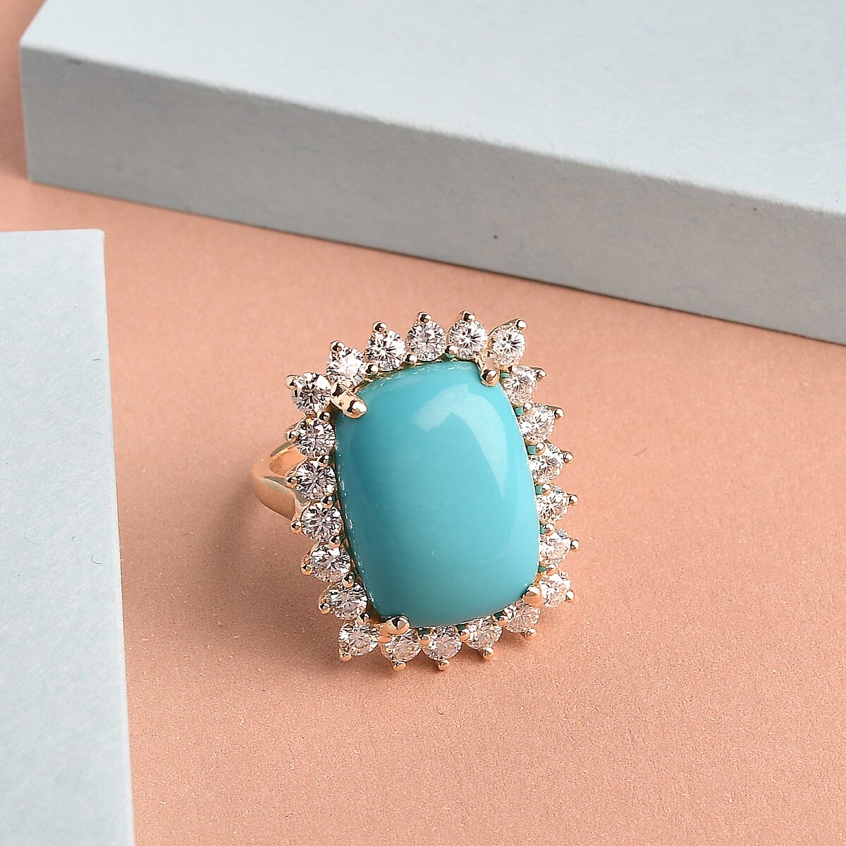 Luxoro 10K Yellow Gold Premium Sleeping Beauty Turquoise and Moissanite Halo Ring (Size 9.0) 11.40 ctw image number 1