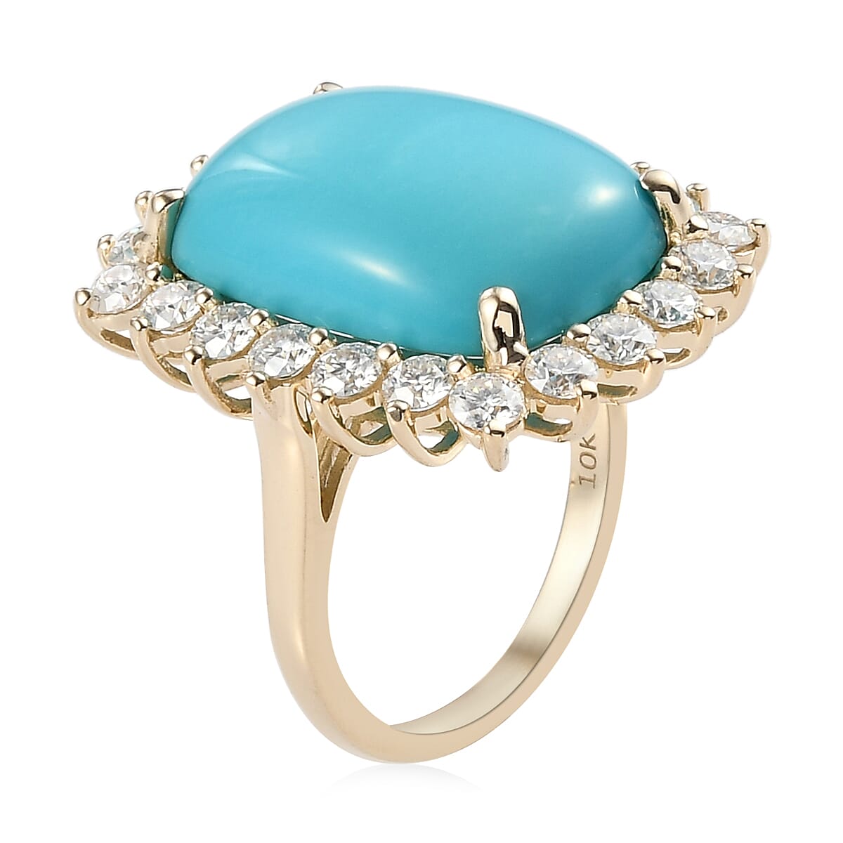 Luxoro 10K Yellow Gold Premium Sleeping Beauty Turquoise and Moissanite Halo Ring (Size 9.0) 11.40 ctw image number 3