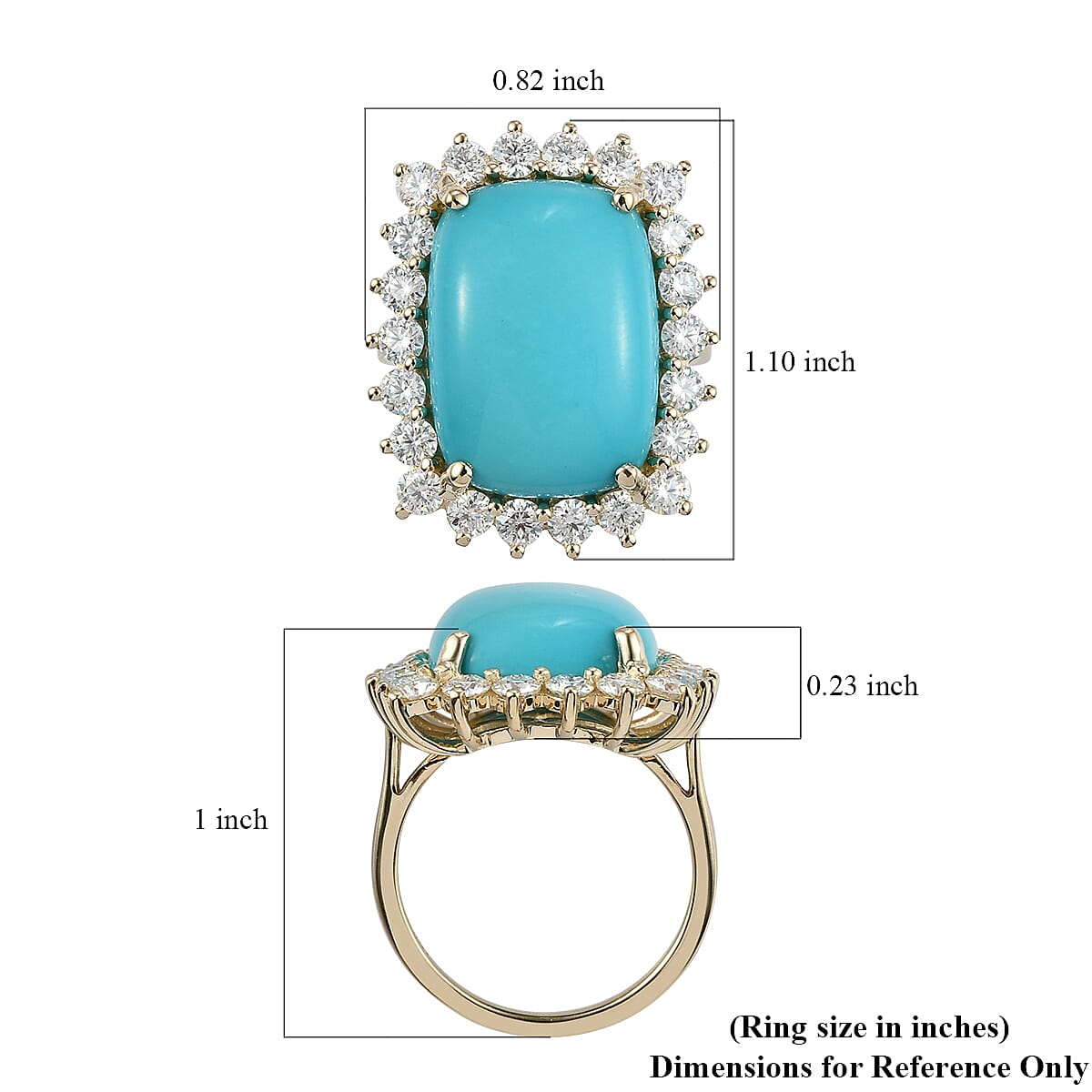 Luxoro 10K Yellow Gold Premium Sleeping Beauty Turquoise and Moissanite Halo Ring (Size 9.0) 11.40 ctw image number 5