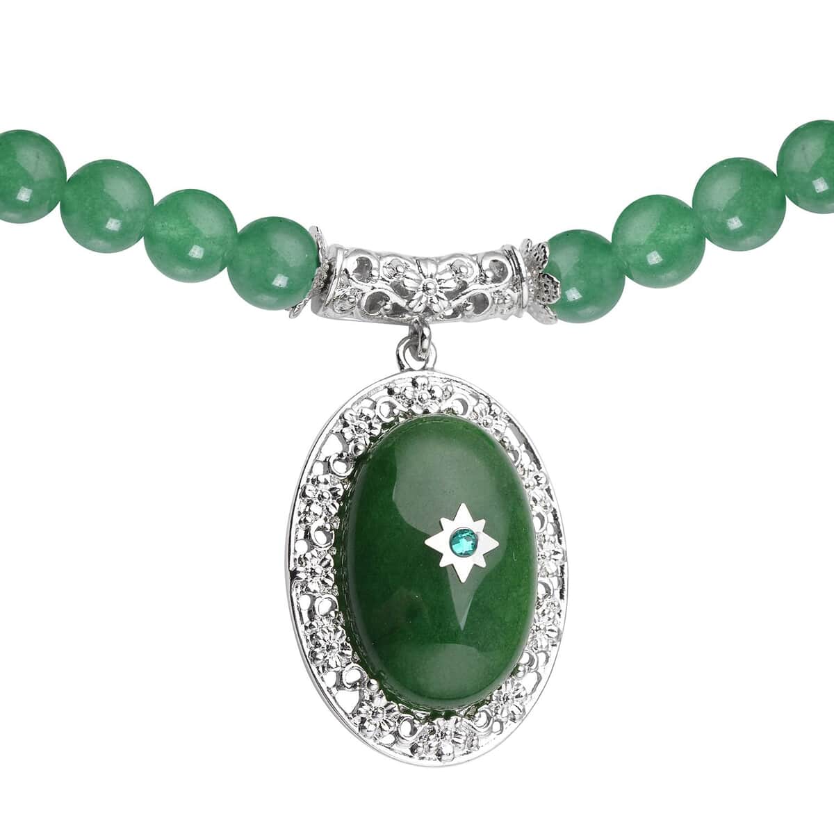 Green Aventurine and Neon Green Austrian Crystal Necklace 18.5-22.5 Inches in Silvertone 215.00 ctw image number 3