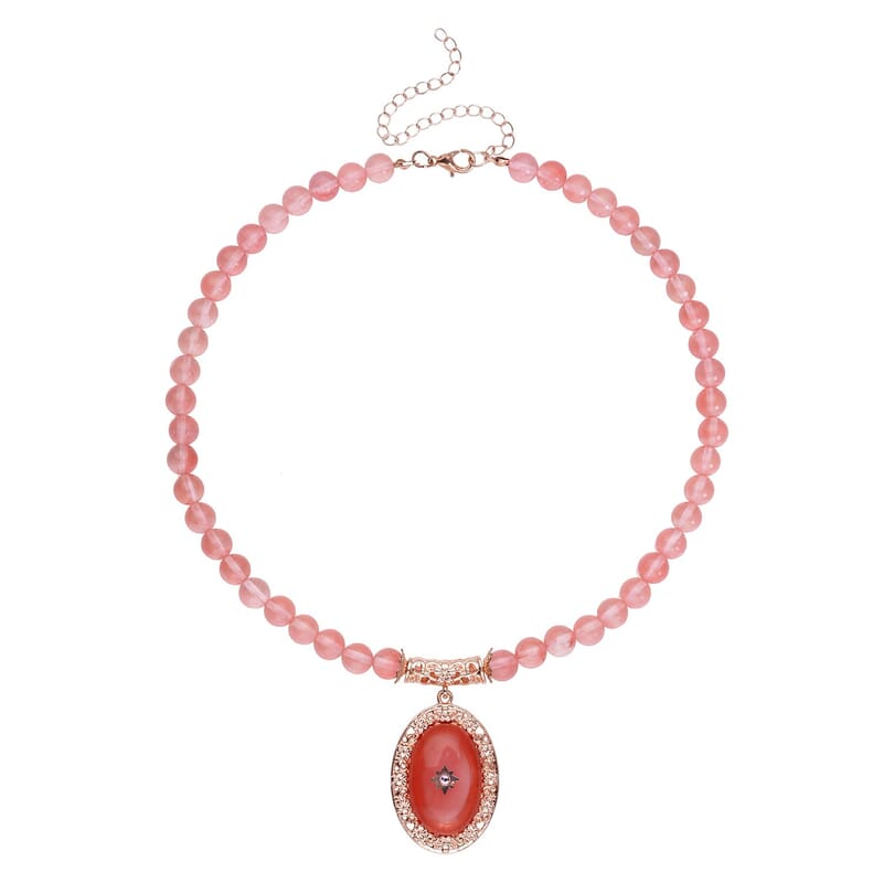 Cherry Quartz and Pink Austrian Crystal Beaded Necklace 18.5-22.5 Inches in Rosetone 200.00 ctw