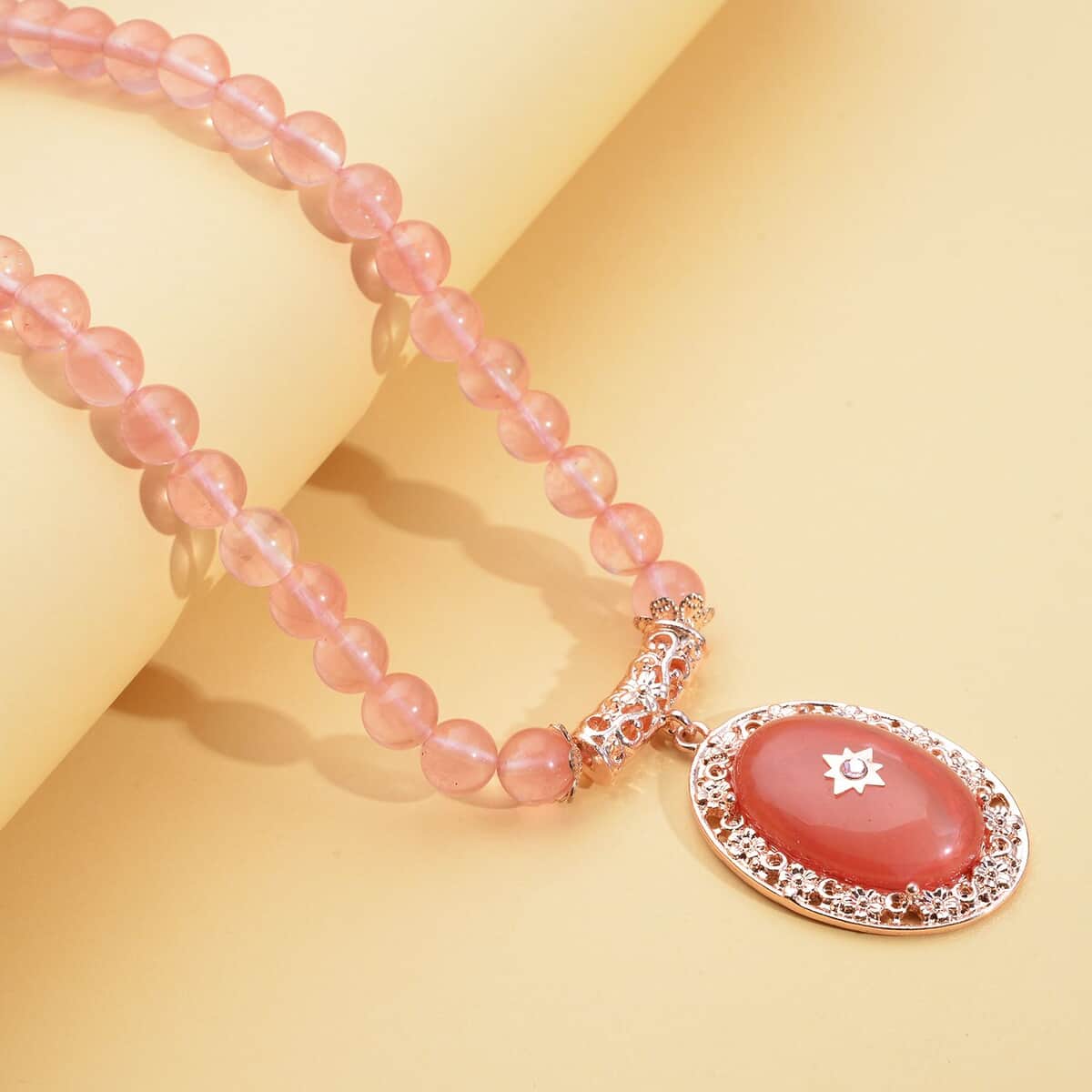 Cherry Quartz and Pink Austrian Crystal Beaded Necklace 18.5-22.5 Inches in Rosetone 200.00 ctw image number 1