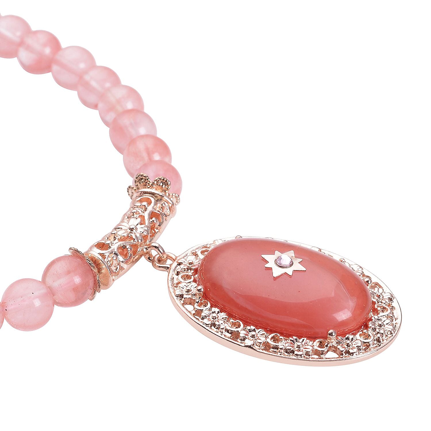 Cherry Quartz and Pink Austrian Crystal Beaded Necklace 18.5-22.5 Inches in Rosetone 200.00 ctw