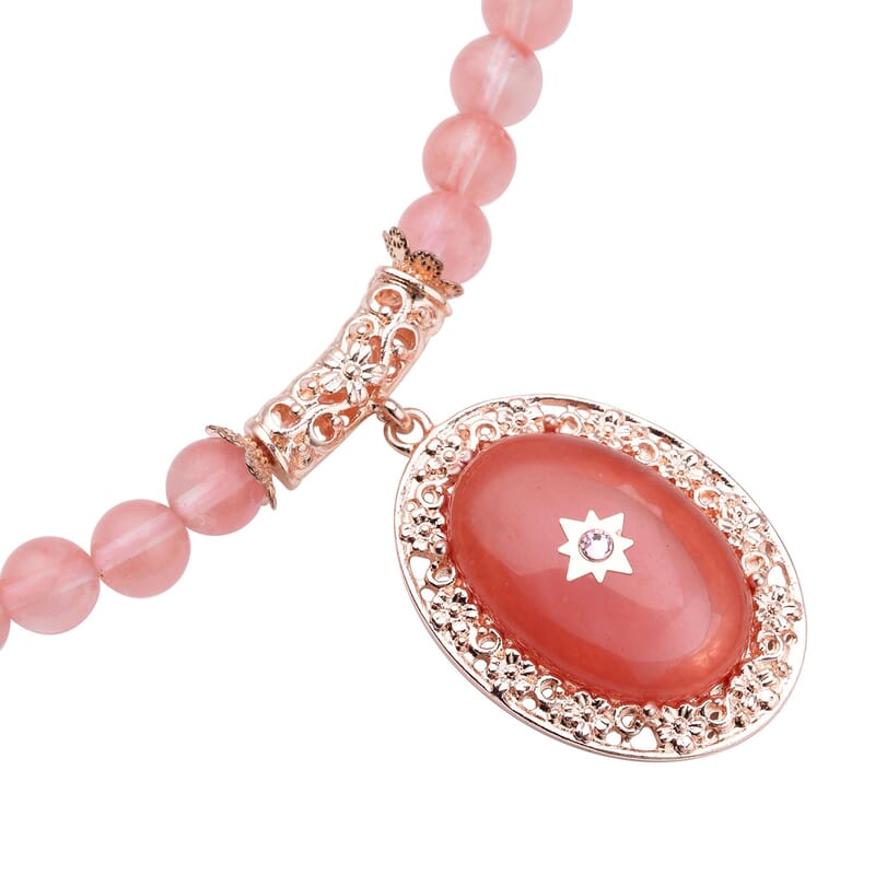 Cherry Quartz and Pink Austrian Crystal Beaded Necklace 18.5-22.5 Inches in Rosetone 200.00 ctw