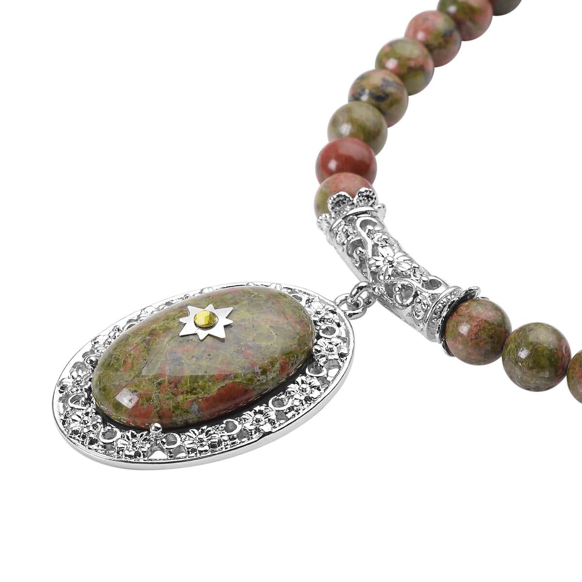 Unakite and Light Green Austrian Crystal Beaded Necklace 18.5-22.5 Inches in Silvertone 245.00 ctw image number 2
