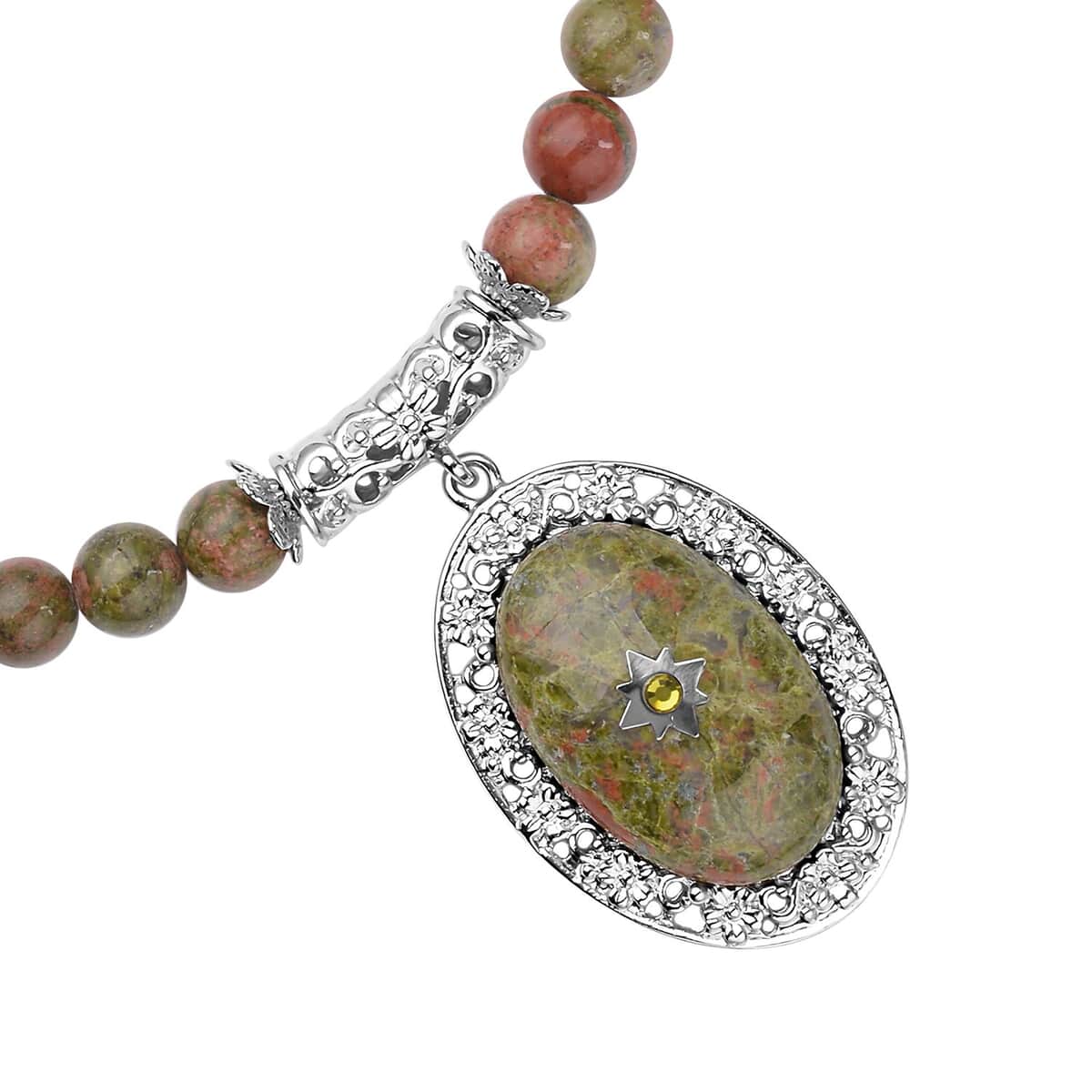 Unakite and Light Green Austrian Crystal Beaded Necklace 18.5-22.5 Inches in Silvertone 245.00 ctw image number 3