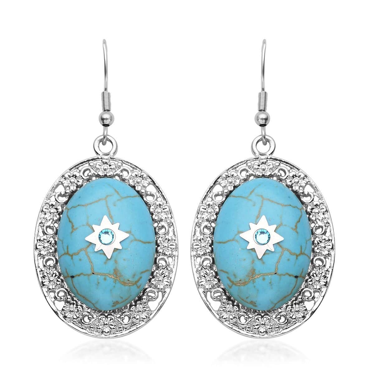 Blue Howlite and Light Blue Austrian Crystal Drop Earrings in Silvertone and Stainless Steel 35.00 ctw image number 0