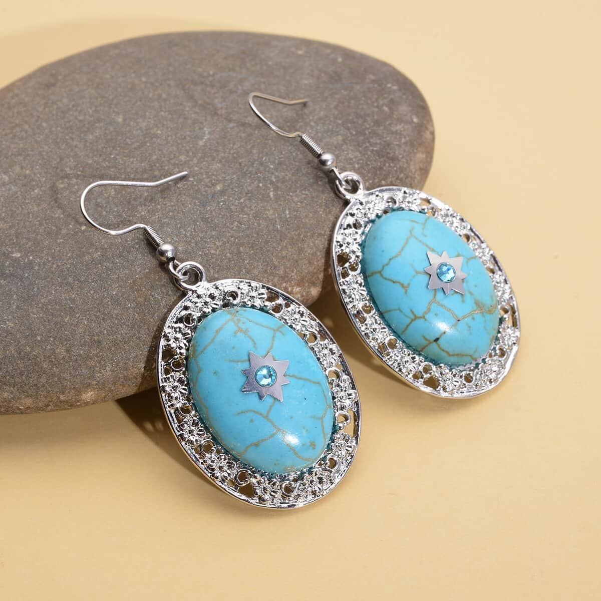 Blue Howlite and Light Blue Austrian Crystal Drop Earrings in Silvertone and Stainless Steel 35.00 ctw image number 1