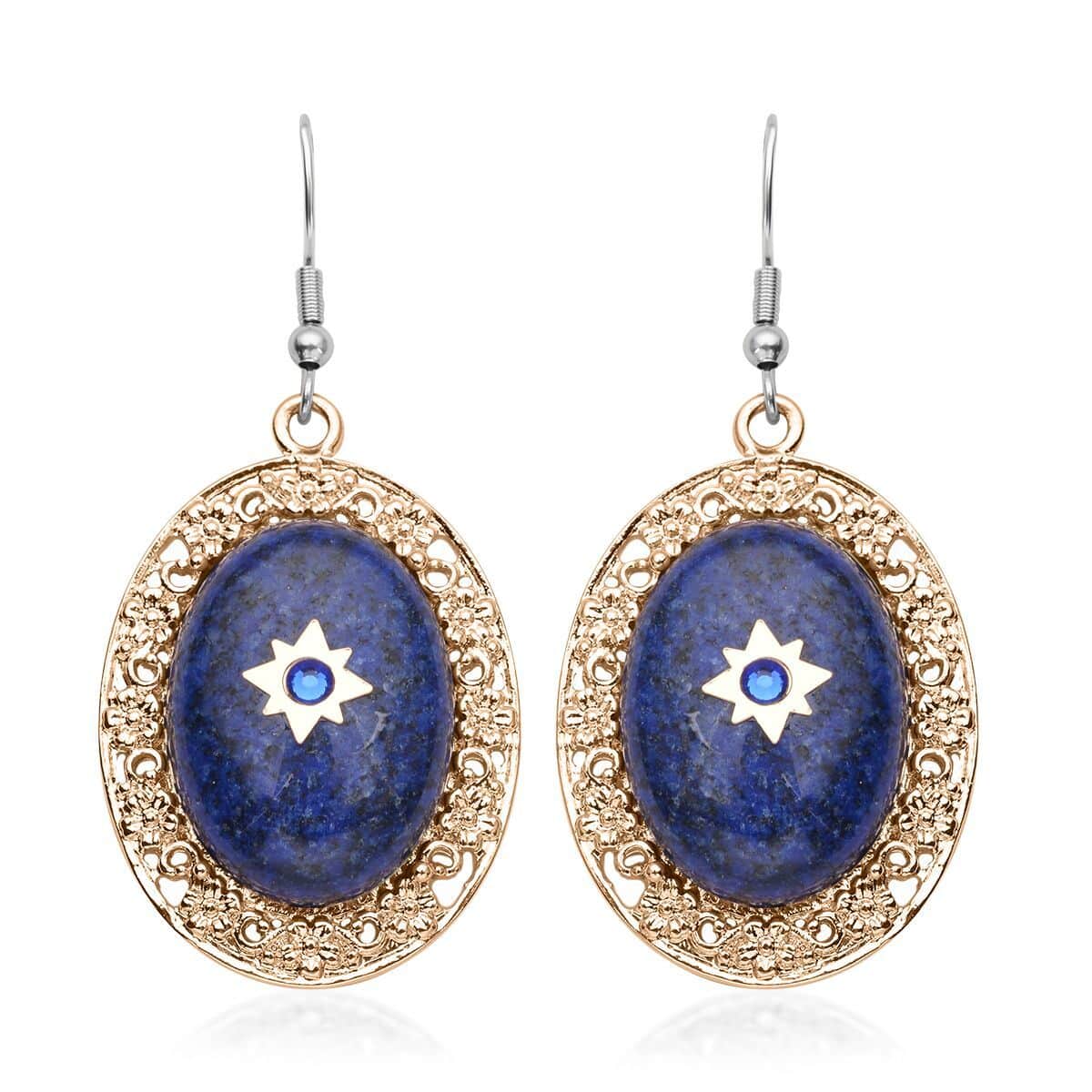 Lapis Lazuli and Blue Austrian Crystal Drop Earrings in Goldtone and Stainless Steel 46.00 ctw image number 0