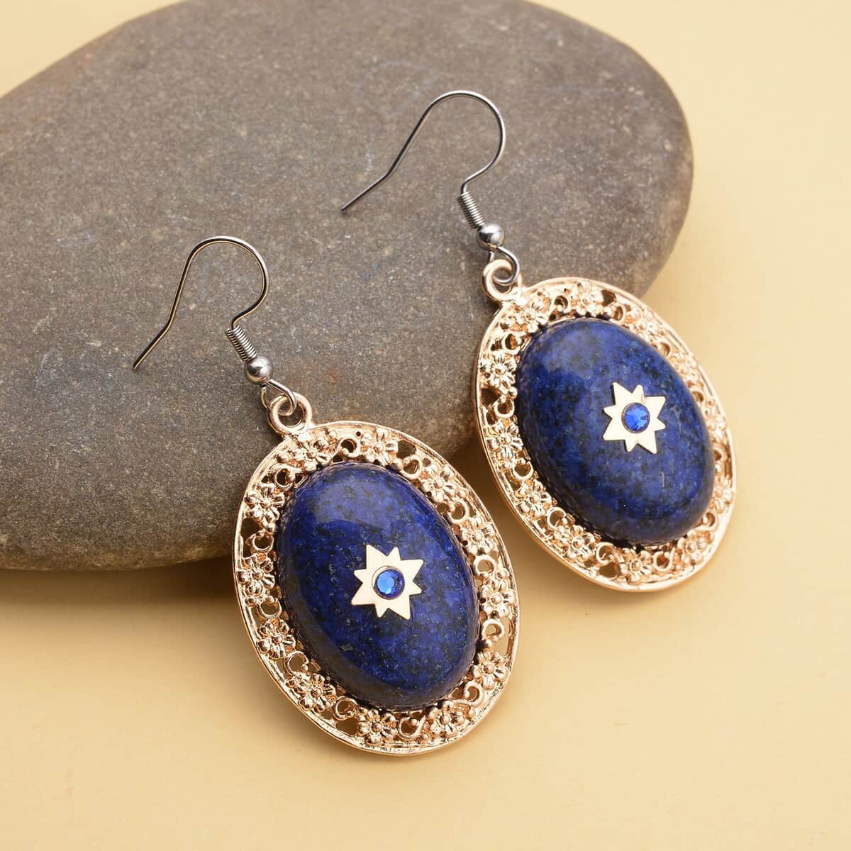 Lapis Lazuli and Blue Austrian Crystal Drop Earrings in Goldtone and Stainless Steel 46.00 ctw image number 1