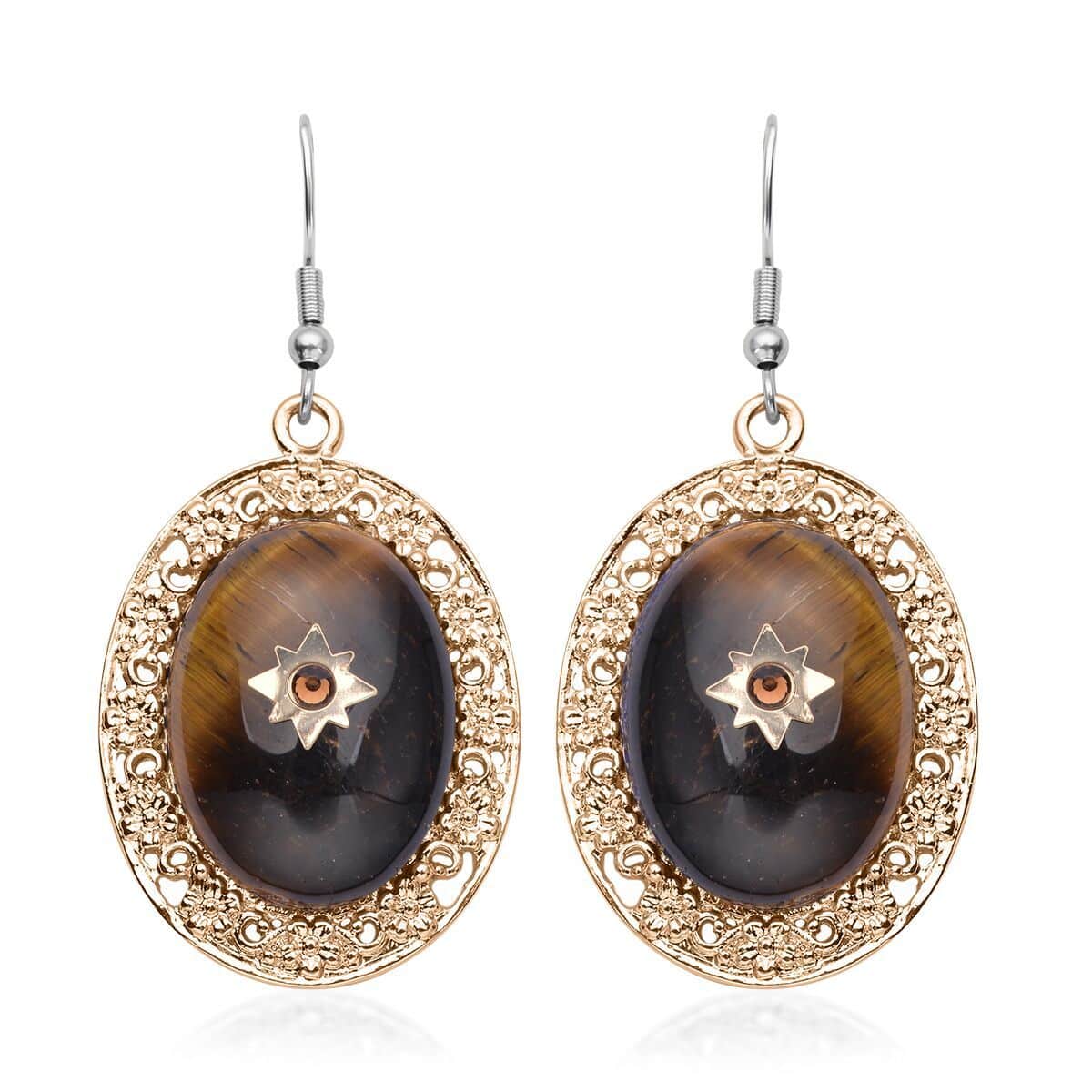 Yellow Tiger's Eye and Yellow Austrian Crystal Drop Earrings in Goldtone and Stainless Steel 55.00 ctw image number 0