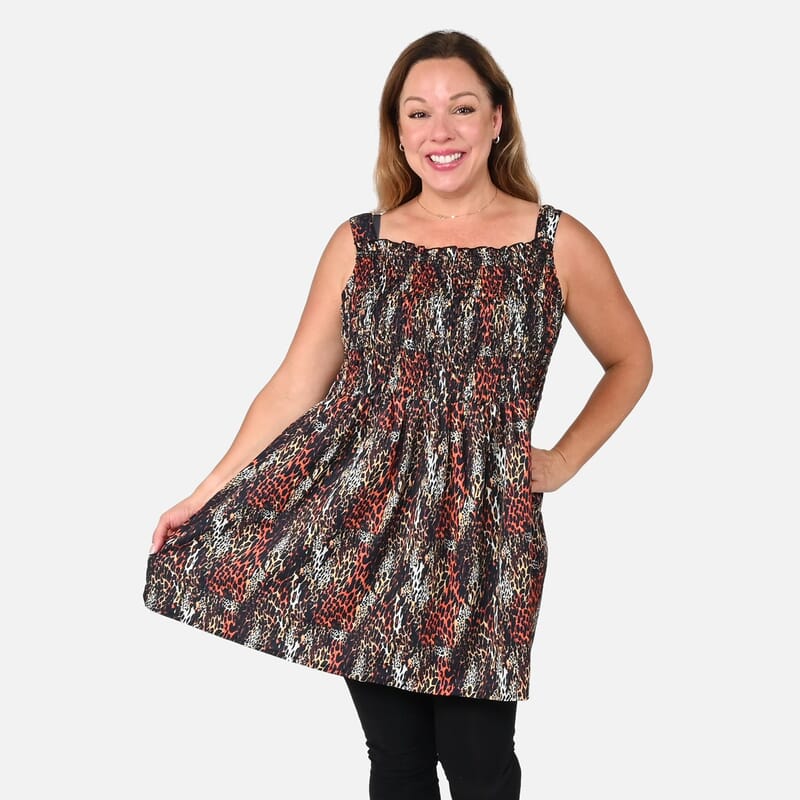 Tamsy Brown and Gray Leopard Printed Smocked Top - One Size Missy