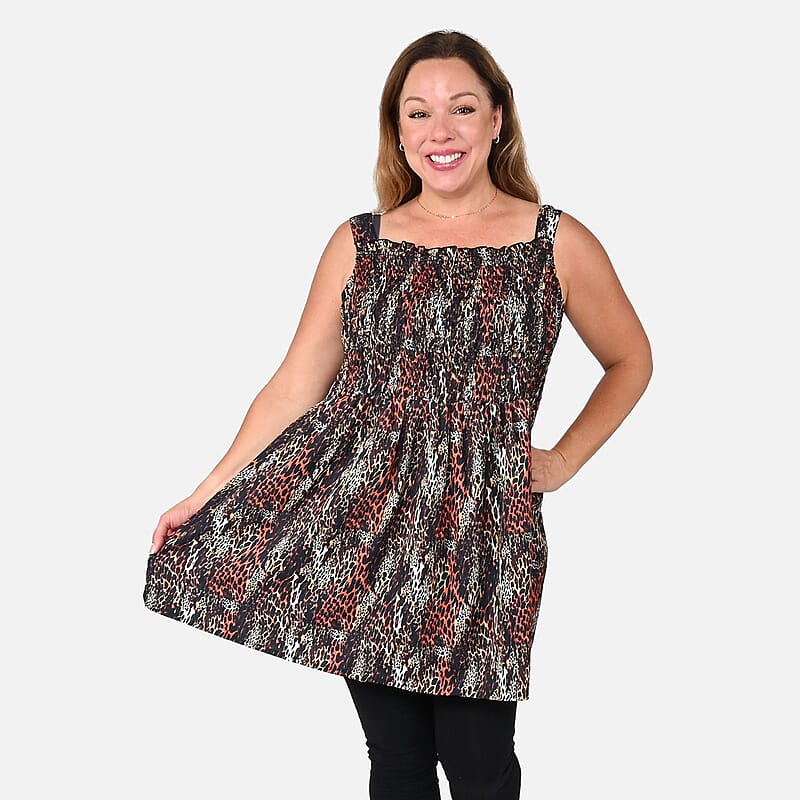 Tamsy Brown and Gray Leopard Printed Smocked Top - One Size Missy