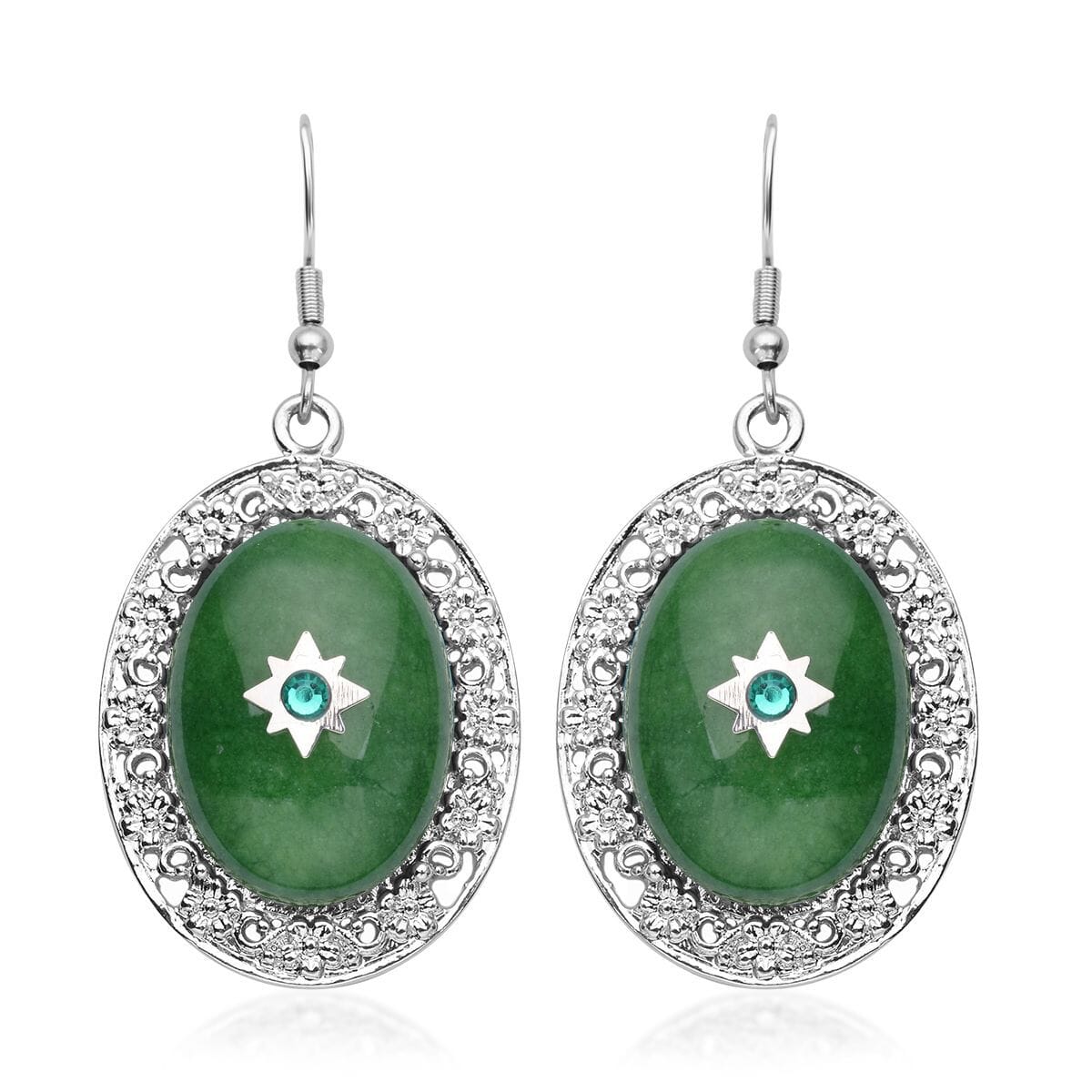 Green Aventurine and Neon Green Austrian Crystal Drop Earrings in Silvertone and Stainless Steel 50.00 ctw image number 0