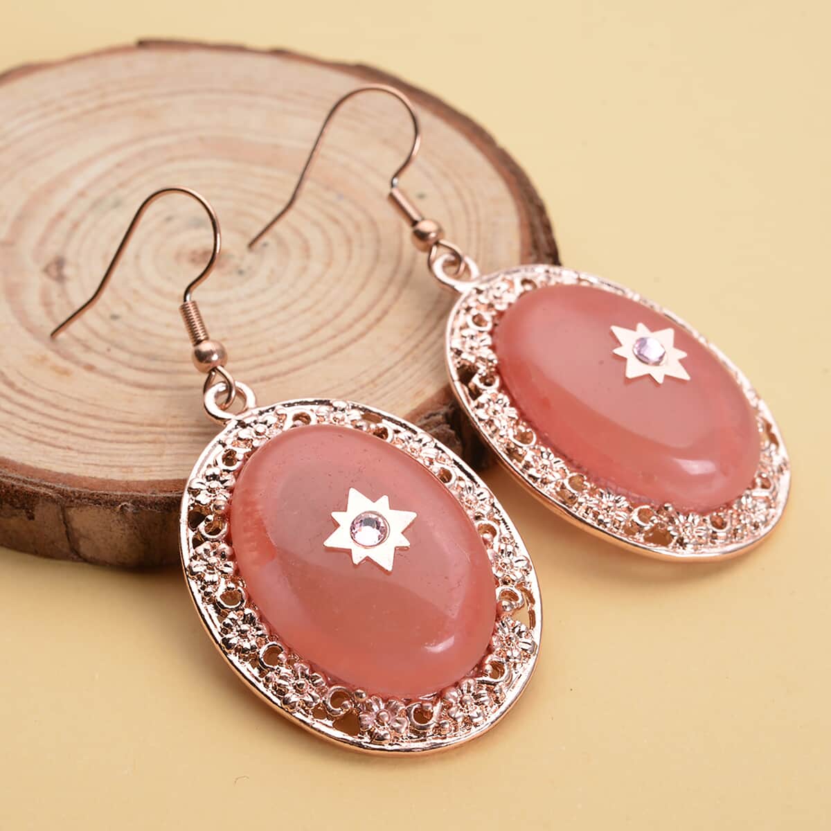 Cherry Quartz and Pink Austrian Crystal Drop Earrings in Rosetone and ION Plated Rose Gold Stainless Steel 55.00 ctw image number 1