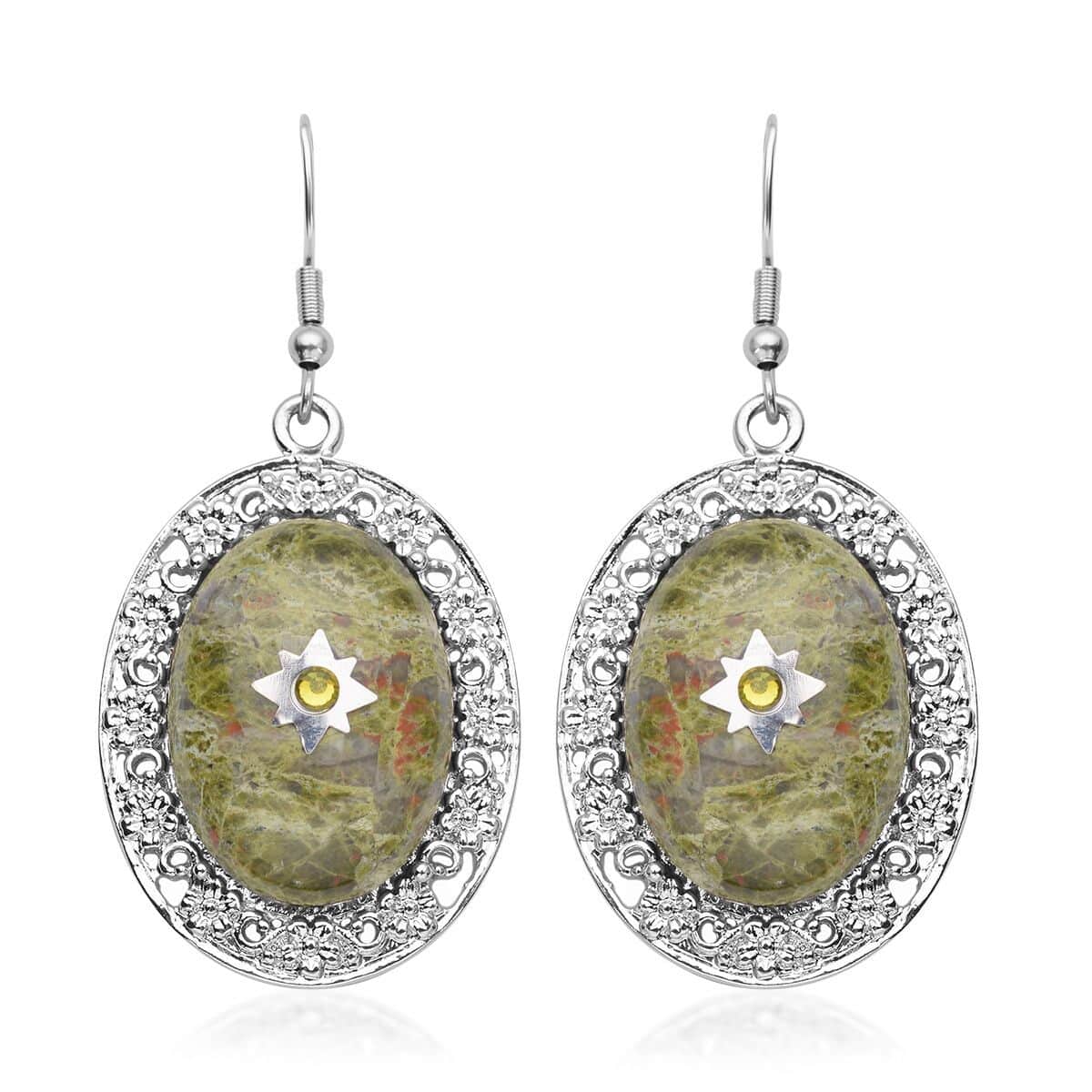 Unakite and Light Green Austrian Crystal Drop Earrings in Silvertone and Stainless Steel 55.00 ctw image number 0