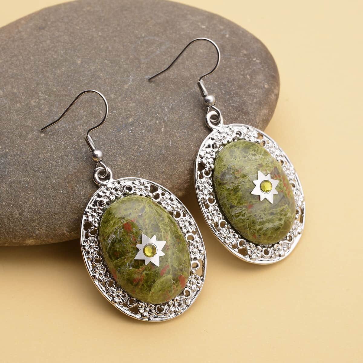 Unakite and Light Green Austrian Crystal Drop Earrings in Silvertone and Stainless Steel 55.00 ctw image number 1