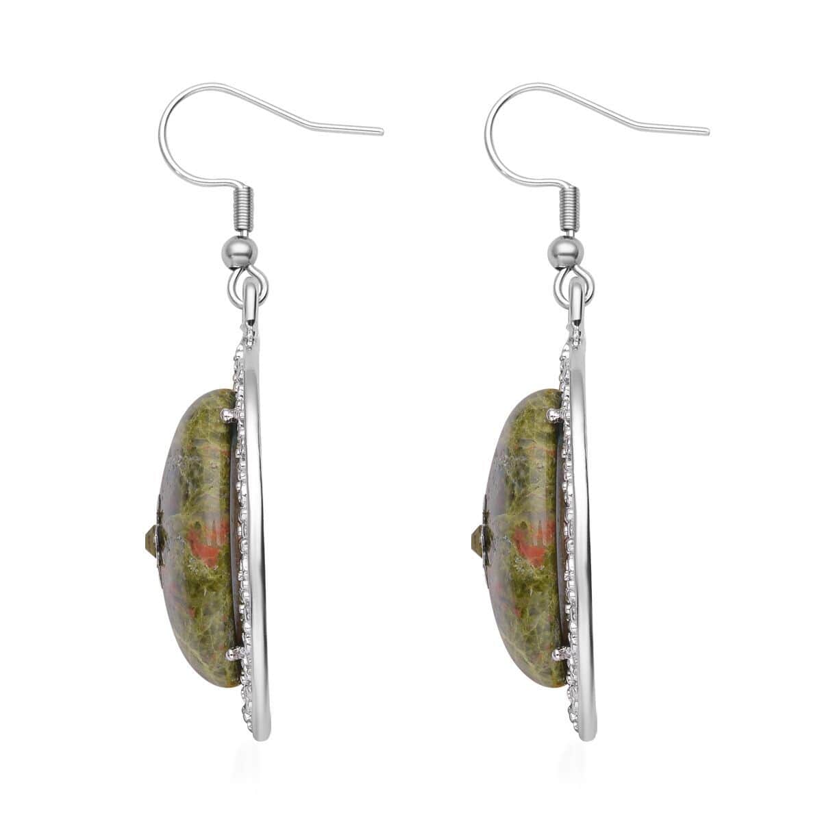 Unakite and Light Green Austrian Crystal Drop Earrings in Silvertone and Stainless Steel 55.00 ctw image number 3
