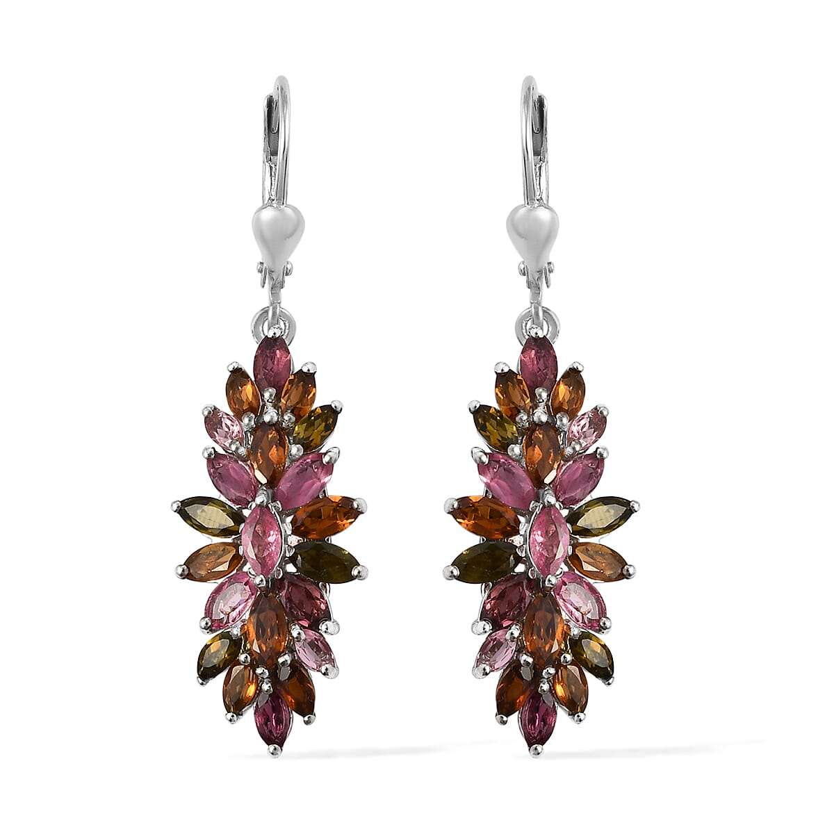 Multi-Tourmaline Elongated Spray Earrings in Platinum Over Sterling Silver 5.70 ctw