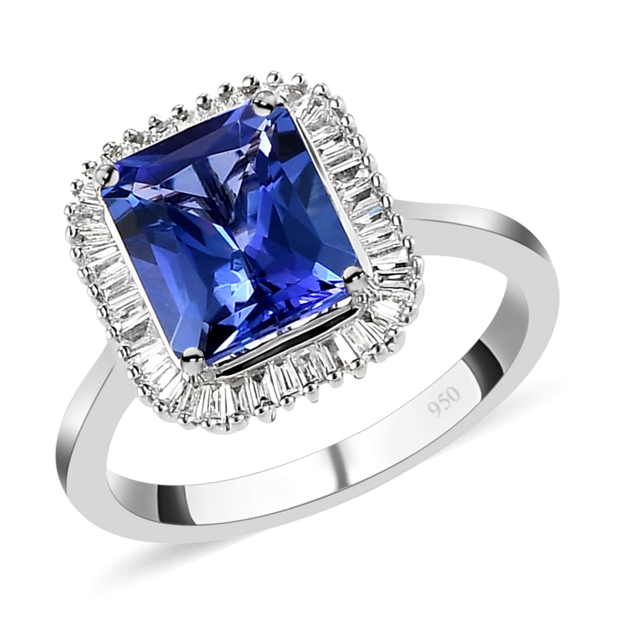 950 Platinum Radiant Cut AAAA Tanzanite and E-F VS2 Diamond Halo Ring (Size 6.0) 6 Grams 4.00 ctw image number 0