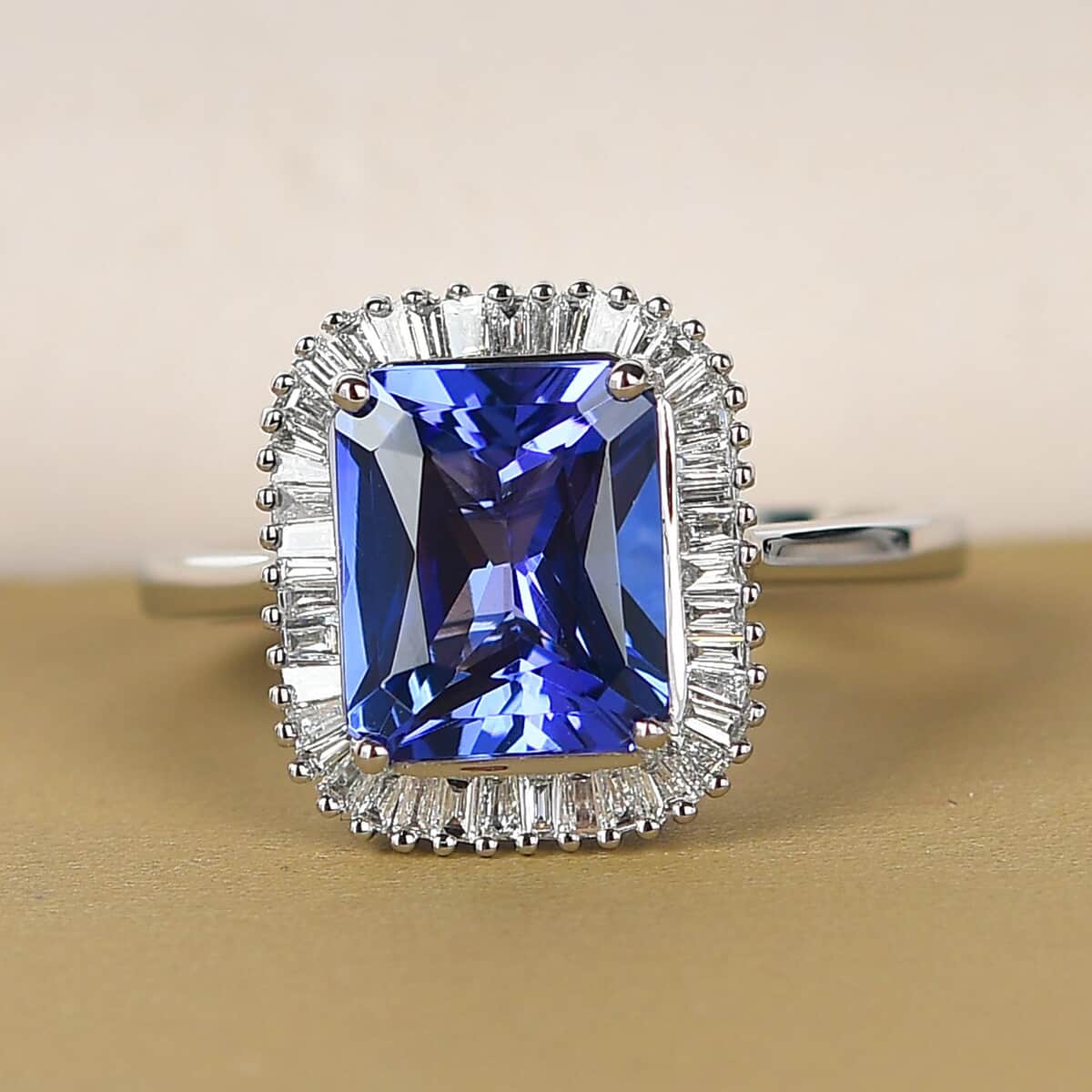 950 Platinum Radiant Cut AAAA Tanzanite and E-F VS2 Diamond Halo Ring (Size 6.0) 6 Grams 4.00 ctw image number 1