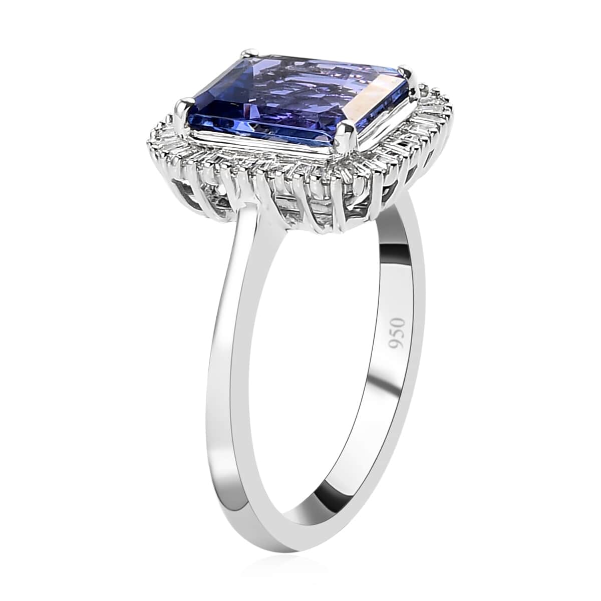 950 Platinum Radiant Cut AAAA Tanzanite and E-F VS2 Diamond Halo Ring (Size 7.0) 6 Grams 4.00 ctw image number 3