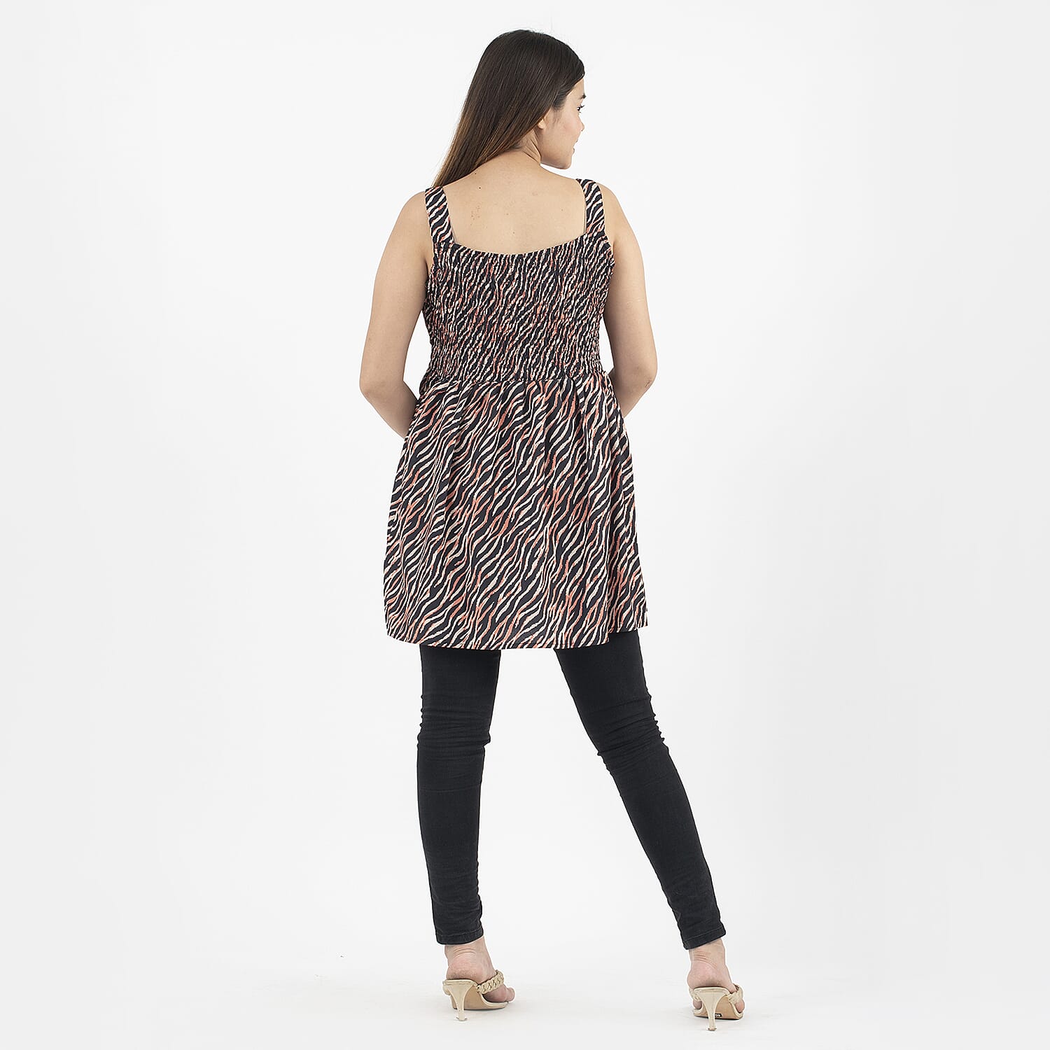 Tamsy Red and Black Zebra Stripe Pattern American Crepe Smocked Top - One Size Plus
