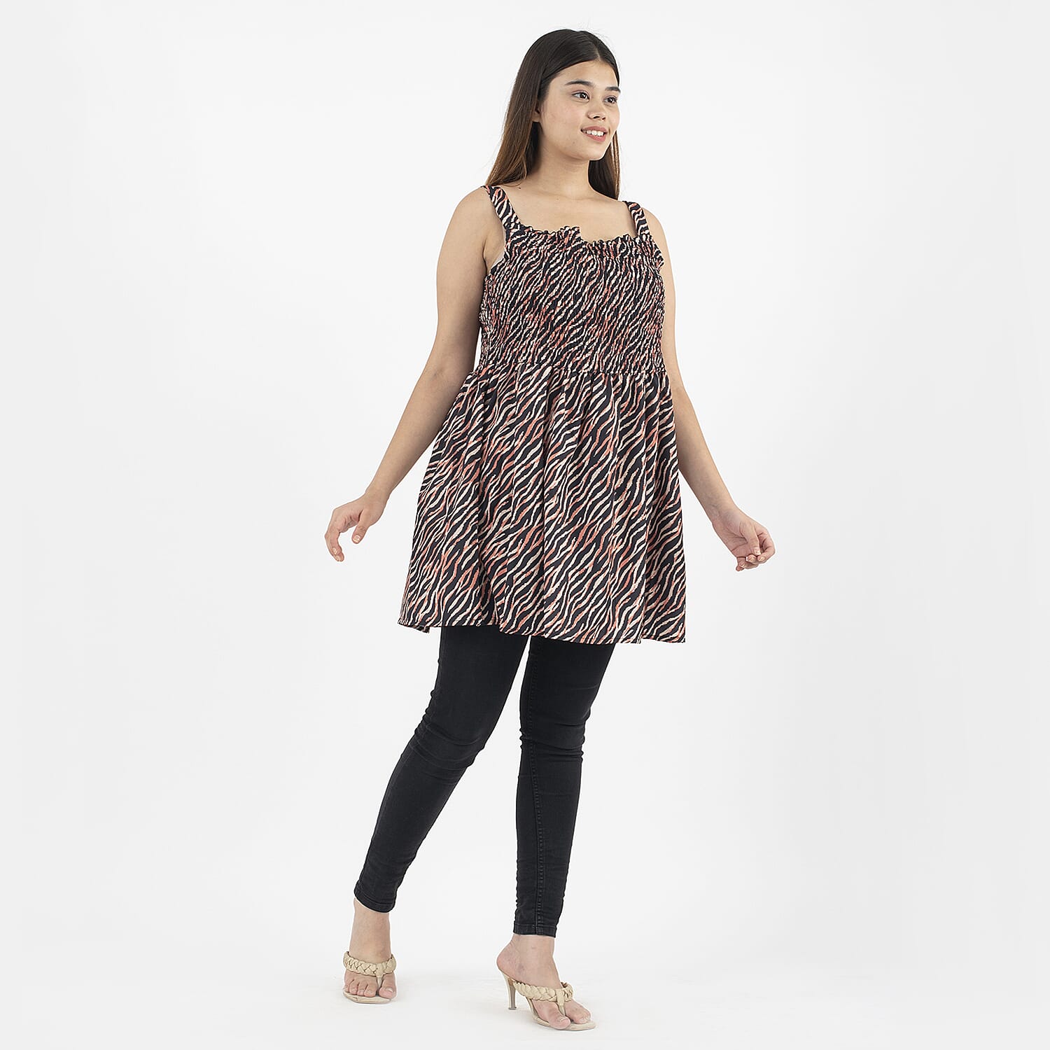 Tamsy Red and Black Zebra Stripe Pattern American Crepe Smocked Top - One Size Plus