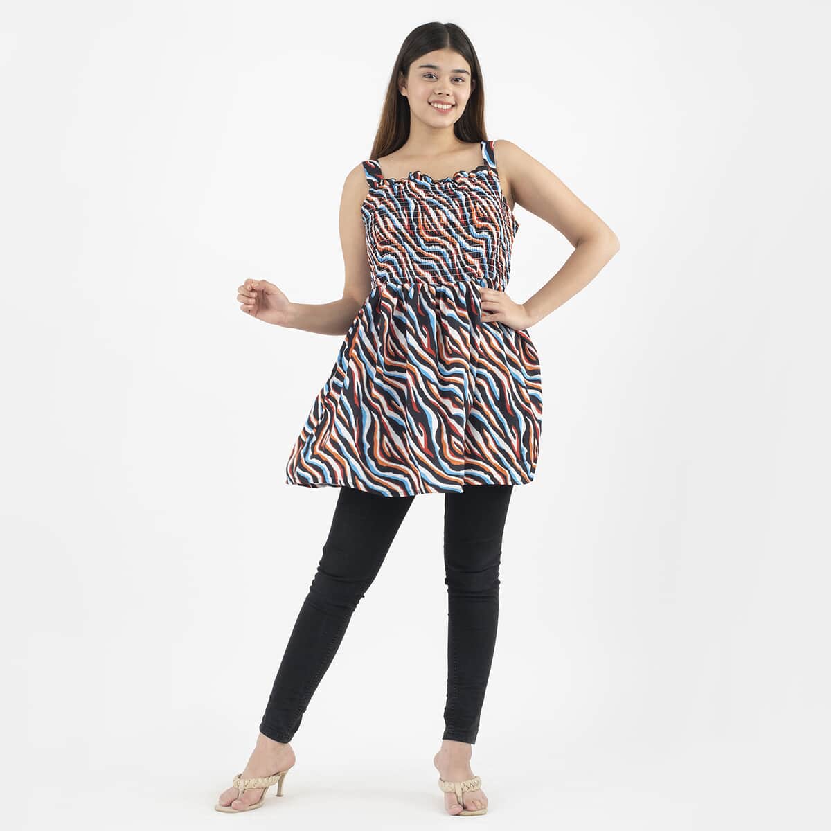 Tamsy Black with Multi Color Zebra Wave Printed Smocked Top - One Size Plus image number 0