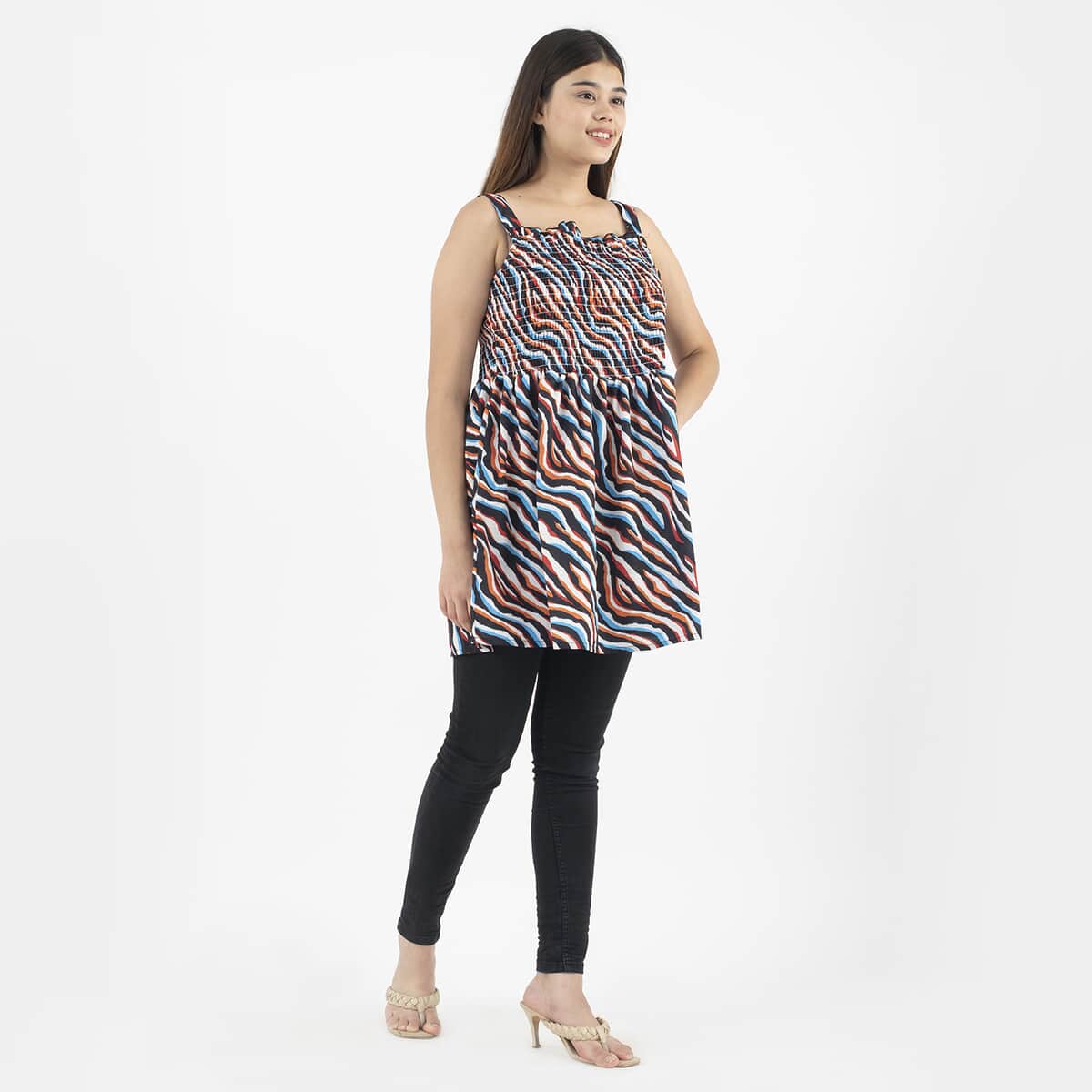 Tamsy Black with Multi Color Zebra Wave Printed Smocked Top - One Size Plus image number 2