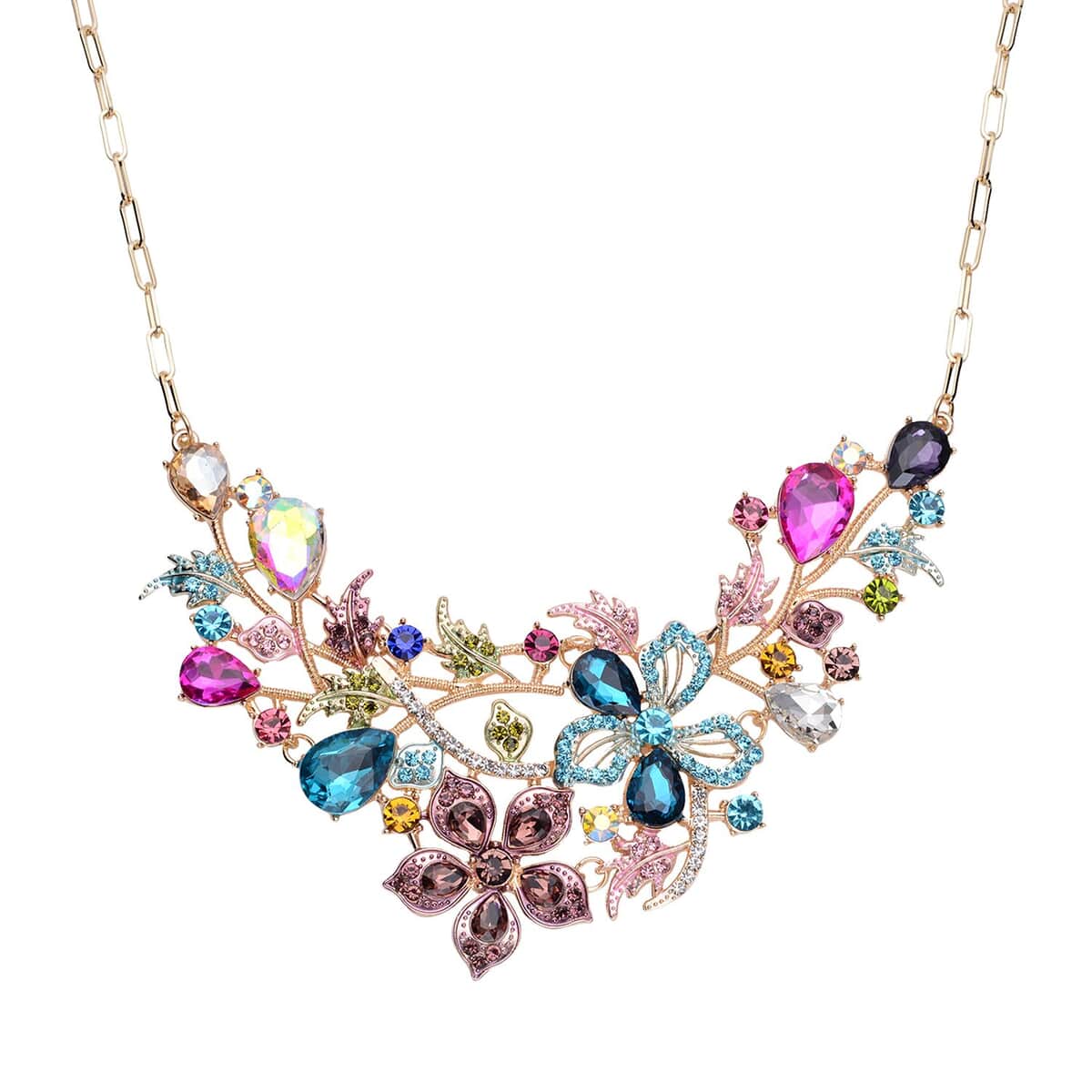Multi Color Glass, Multi Color Austrian Crystal & Enameled Garden Inspired Necklace 20-22 Inches in Goldtone image number 0