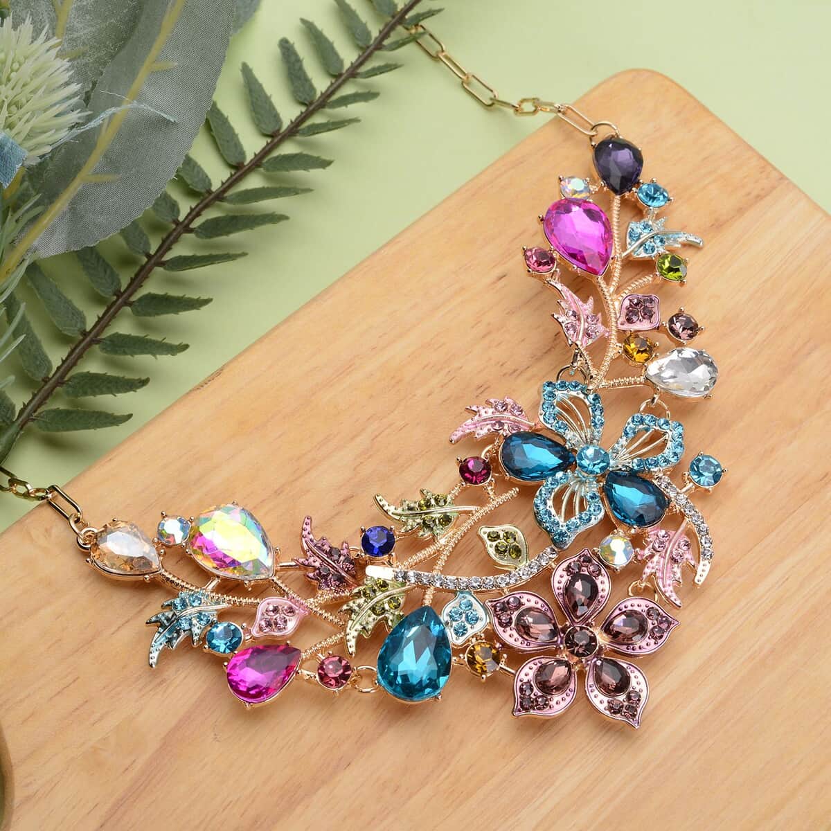 Multi Color Glass, Multi Color Austrian Crystal & Enameled Garden Inspired Necklace 20-22 Inches in Goldtone image number 1