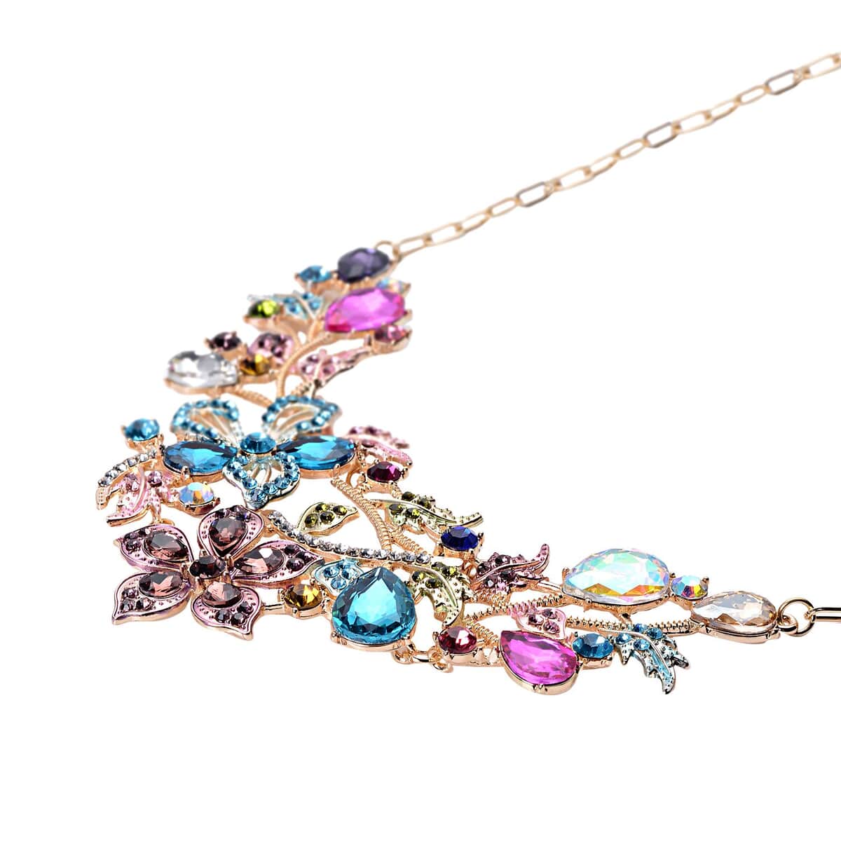 Multi Color Glass, Multi Color Austrian Crystal & Enameled Garden Inspired Necklace 20-22 Inches in Goldtone image number 3