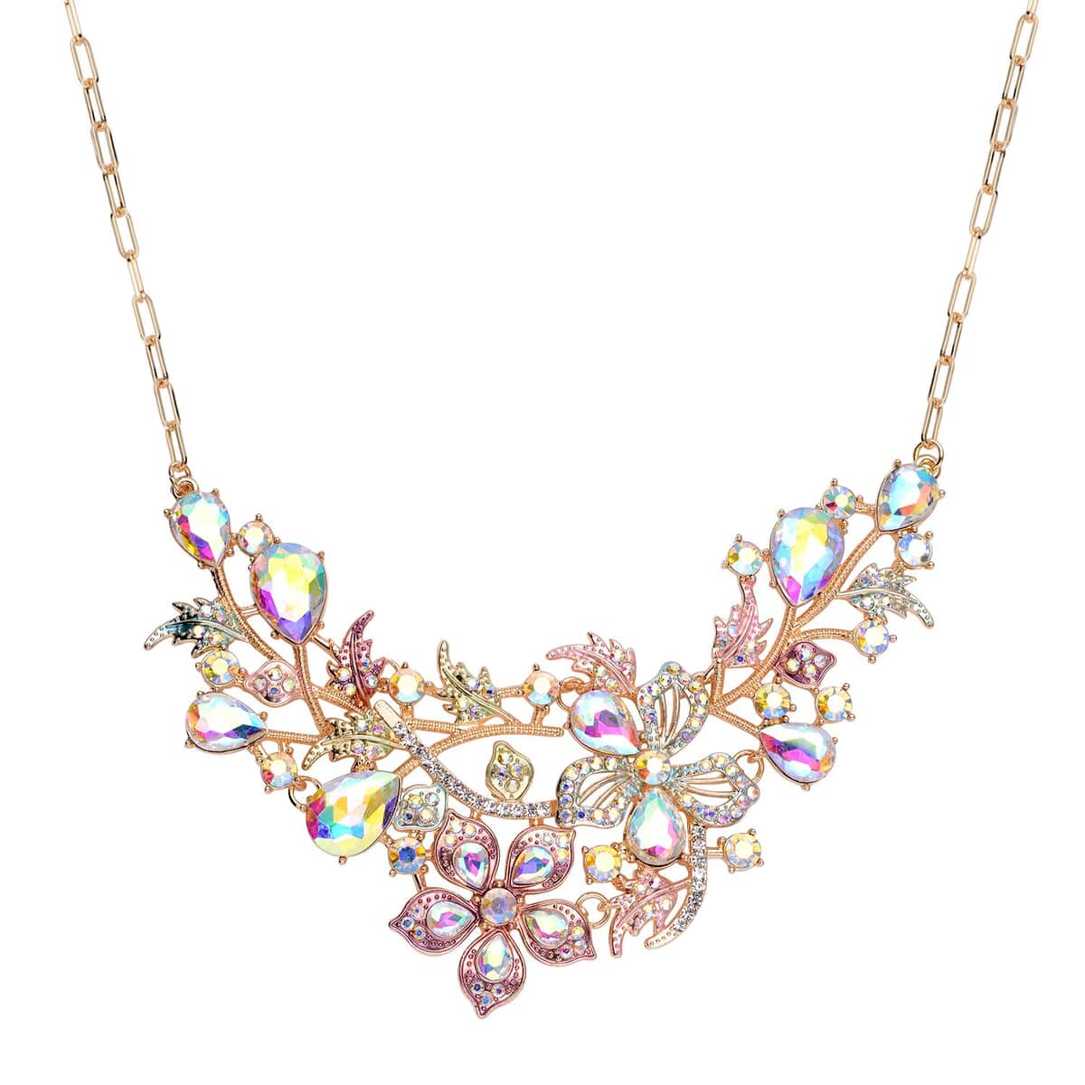 White & Aurora Borealis Austrian Crystal, White Mystic Color Glass Enameled Garden Inspired Necklace 20-22 Inches in Goldtone image number 0