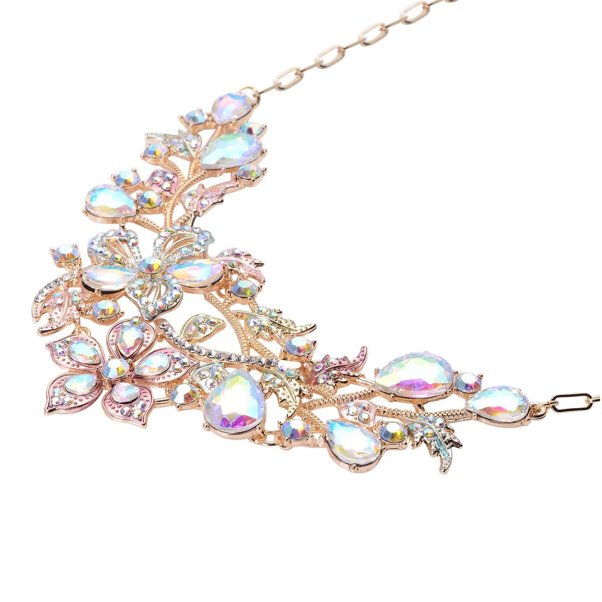 White & Aurora Borealis Austrian Crystal, White Mystic Color Glass Enameled Garden Inspired Necklace 20-22 Inches in Goldtone image number 3