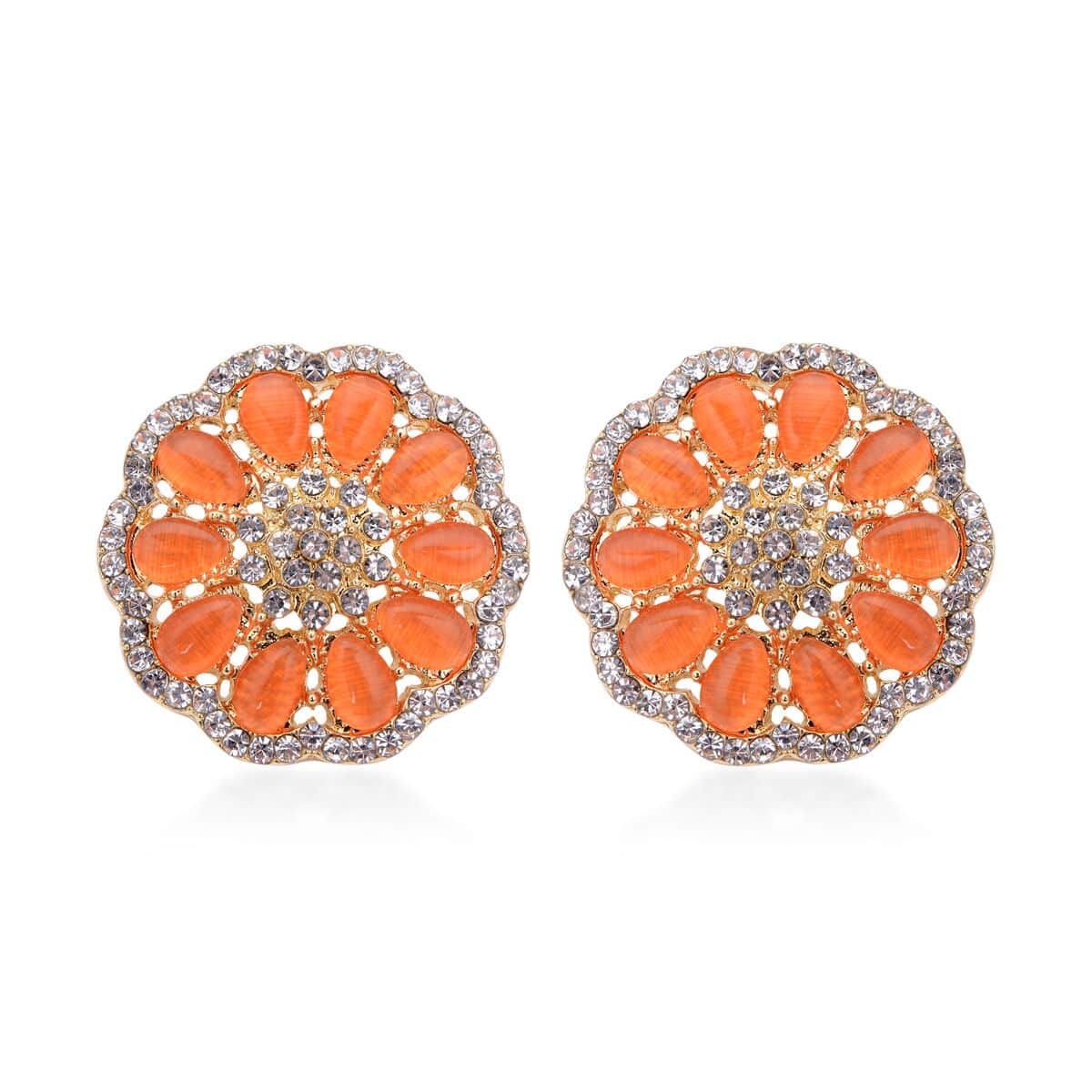 Simulated Orange Cat's Eye and Austrian Crystal Floral Stud Earrings in Goldtone 5.00 ctw image number 0