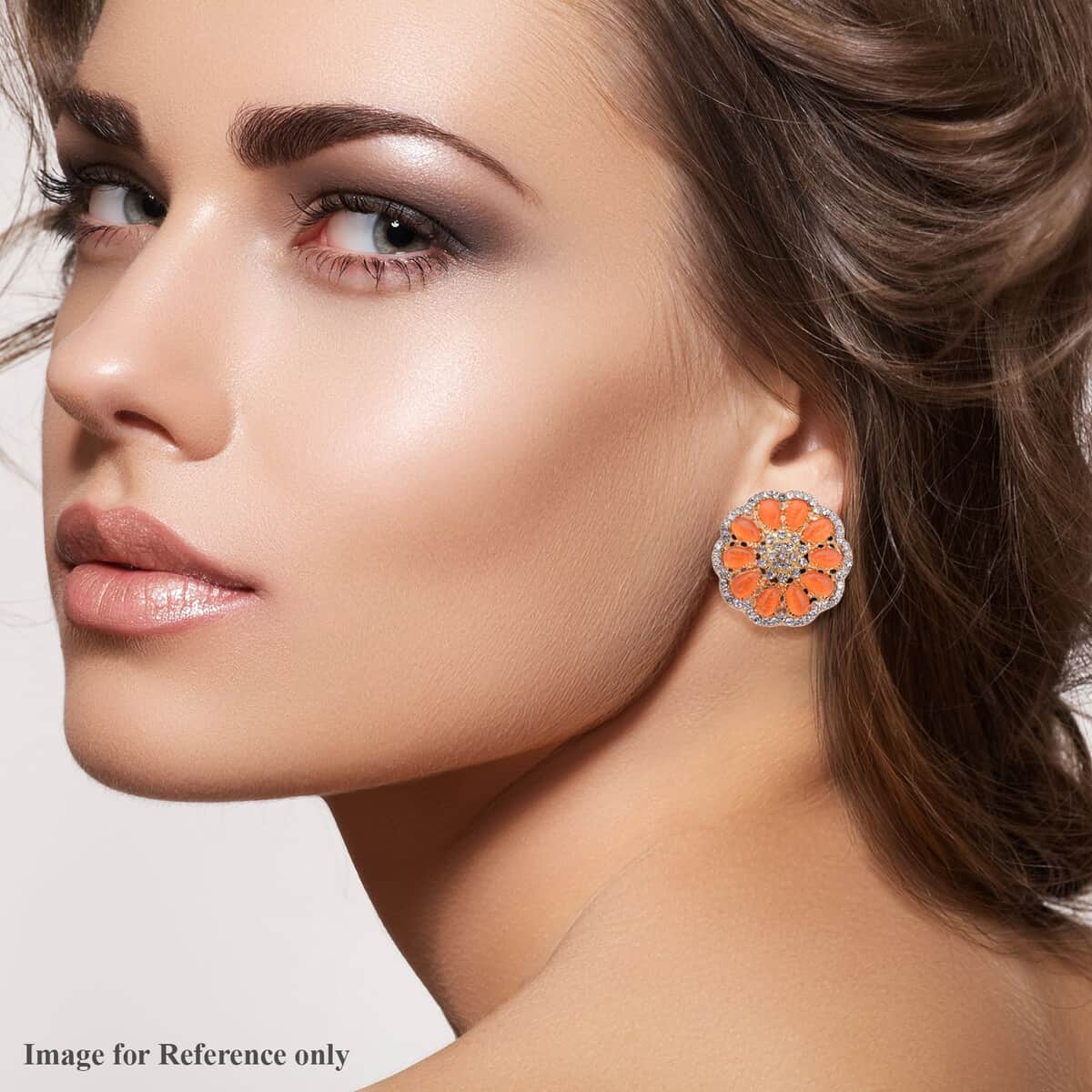 Simulated Orange Cat's Eye and Austrian Crystal Floral Stud Earrings in Goldtone 5.00 ctw image number 2