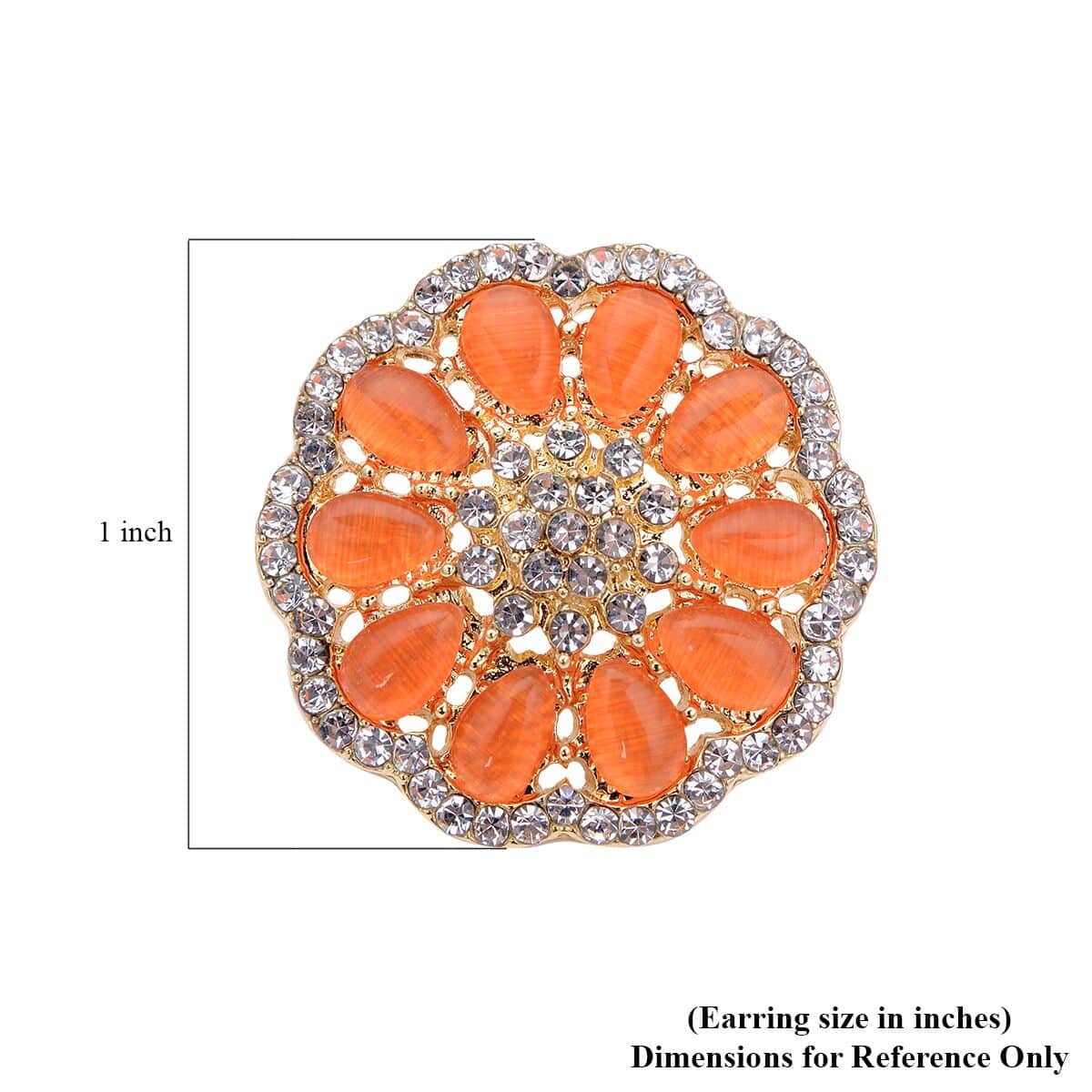 Simulated Orange Cat's Eye and Austrian Crystal Floral Stud Earrings in Goldtone 5.00 ctw image number 4