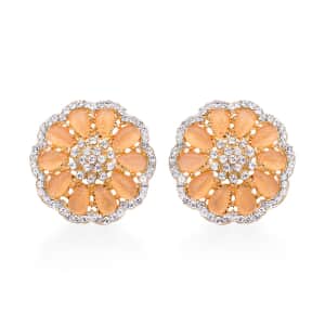 Simulated Champagne Cat's Eye and Austrian Crystal Floral Stud Earrings in Goldtone 5.00 ctw