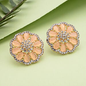 Simulated Champagne Cat's Eye and Austrian Crystal Floral Stud Earrings in Goldtone 5.00 ctw