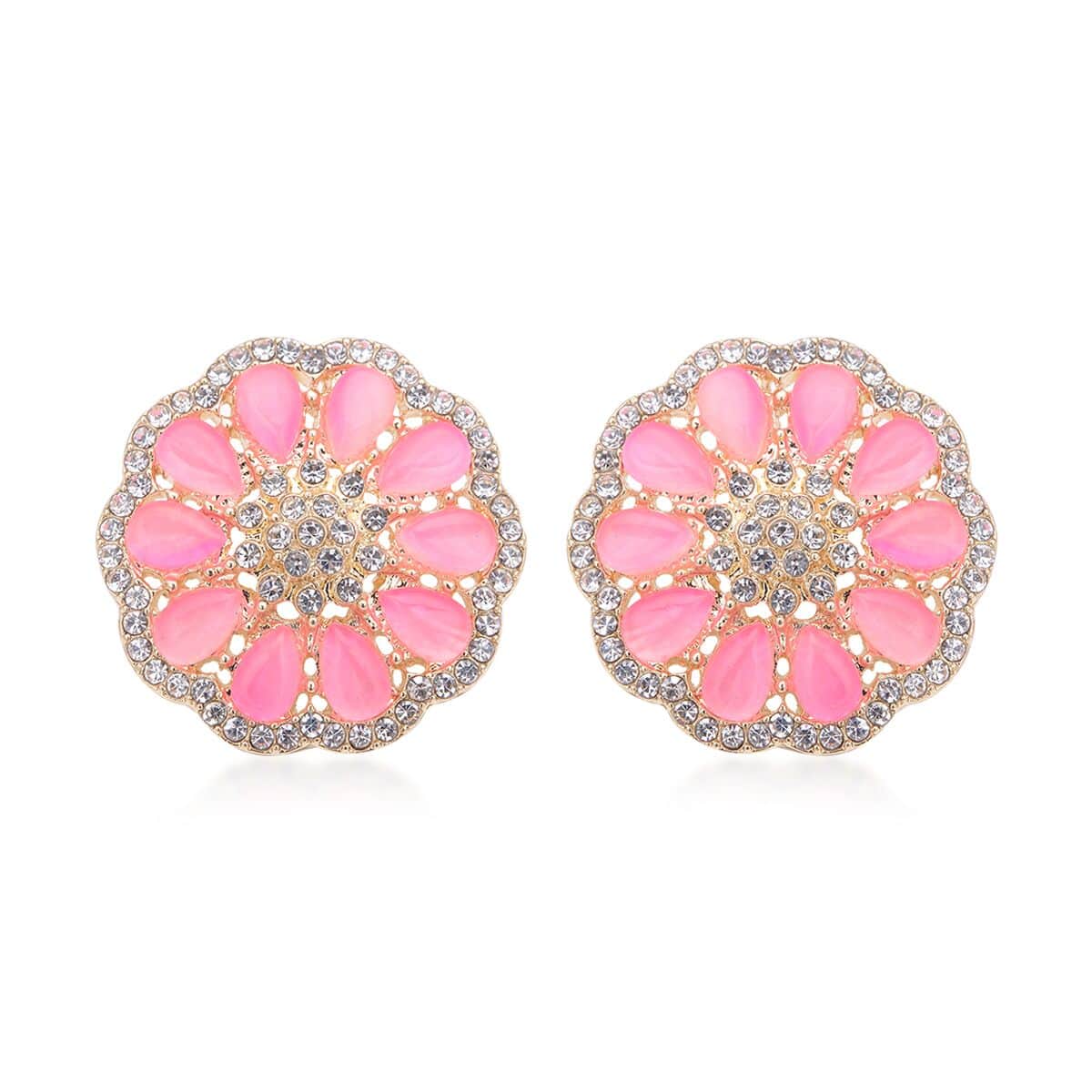 Simulated Fuchsia Cat's Eye and Austrian Crystal Floral Stud Earrings in Goldtone 5.00 ctw image number 0
