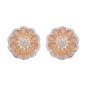 Simulated Dark Champagne Cat's Eye and Austrian Crystal Floral Stud Earrings in Goldtone 5.00 ctw