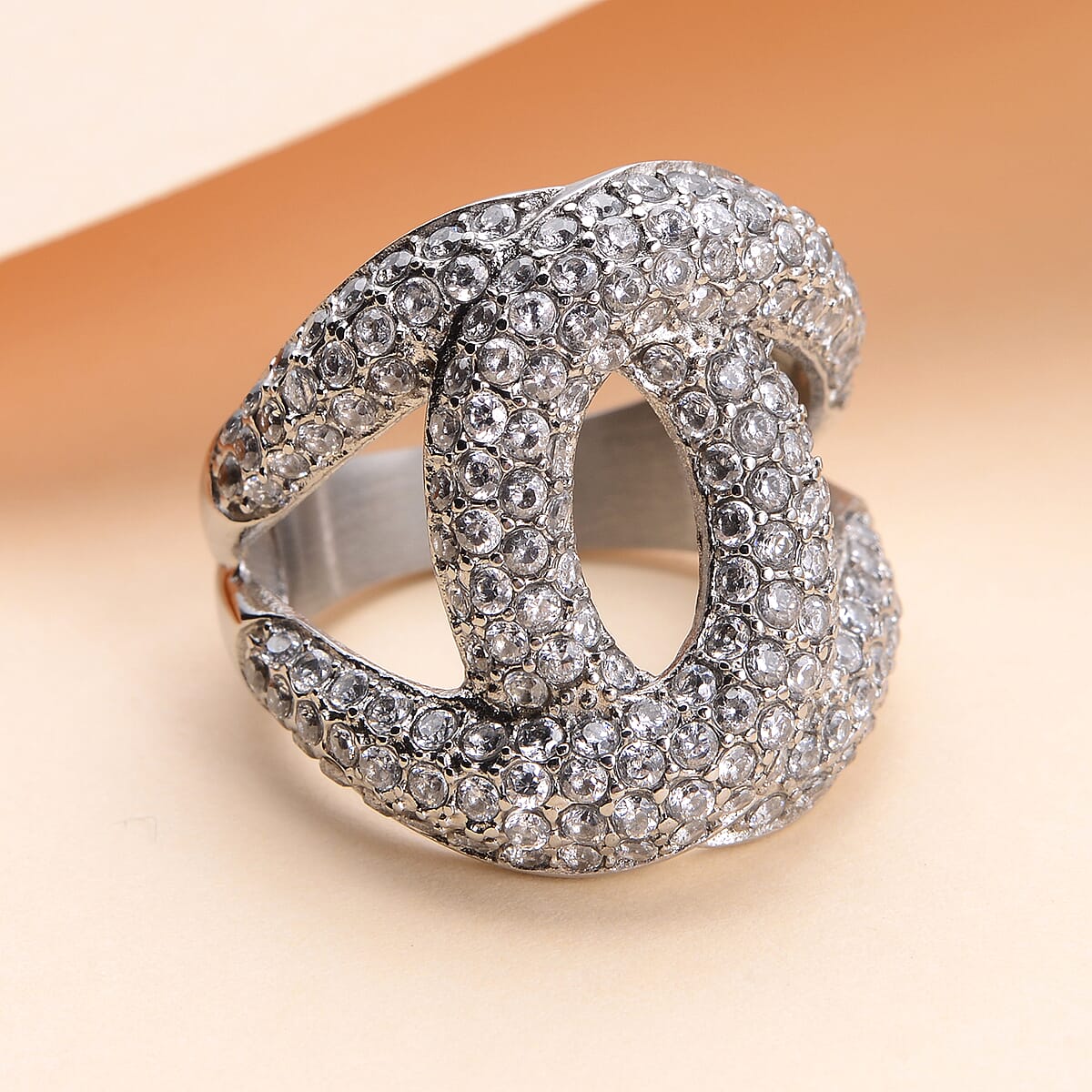Simulated Diamond Link Ring in Stainless Steel (Size 6.0) 2.50 ctw image number 1