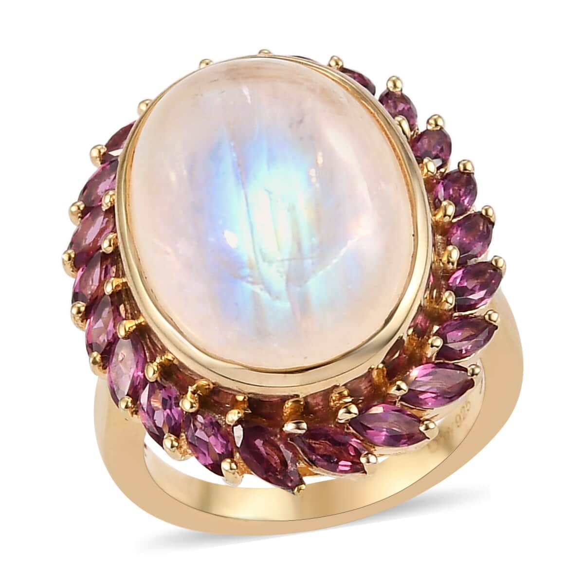 Kuisa Rainbow Moonstone and Orissa Rhodolite Garnet Halo Ring in Vermeil Yellow Gold Over Sterling Silver 15.10 ctw image number 0