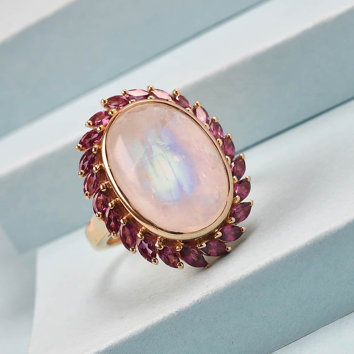 Kuisa Rainbow Moonstone and Orissa Rhodolite Garnet Halo Ring in Vermeil Yellow Gold Over Sterling Silver 15.10 ctw image number 1